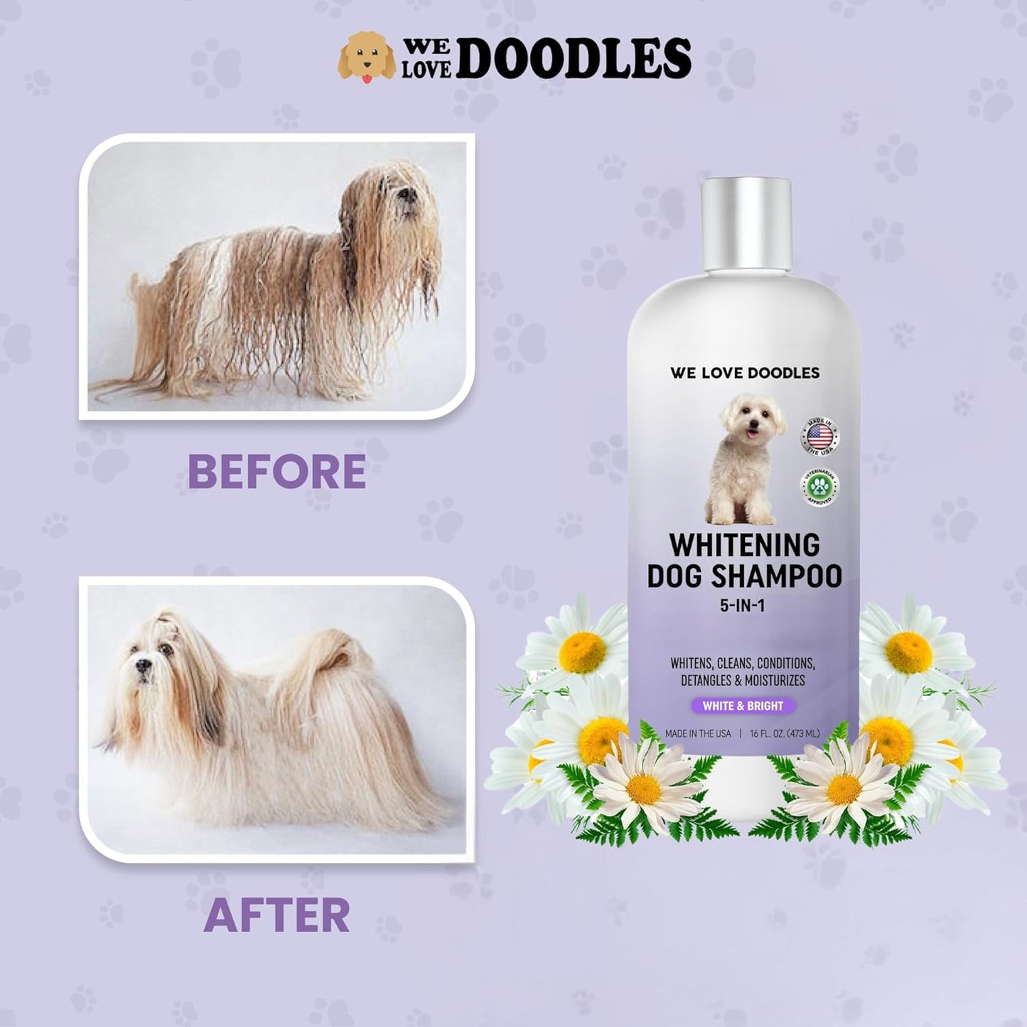 Whitening Dog Shampoo | Made in USA | Brightening Dogs Fur | White & Bright Hair | Removes Stains & Discoloration [We Love Doodles]