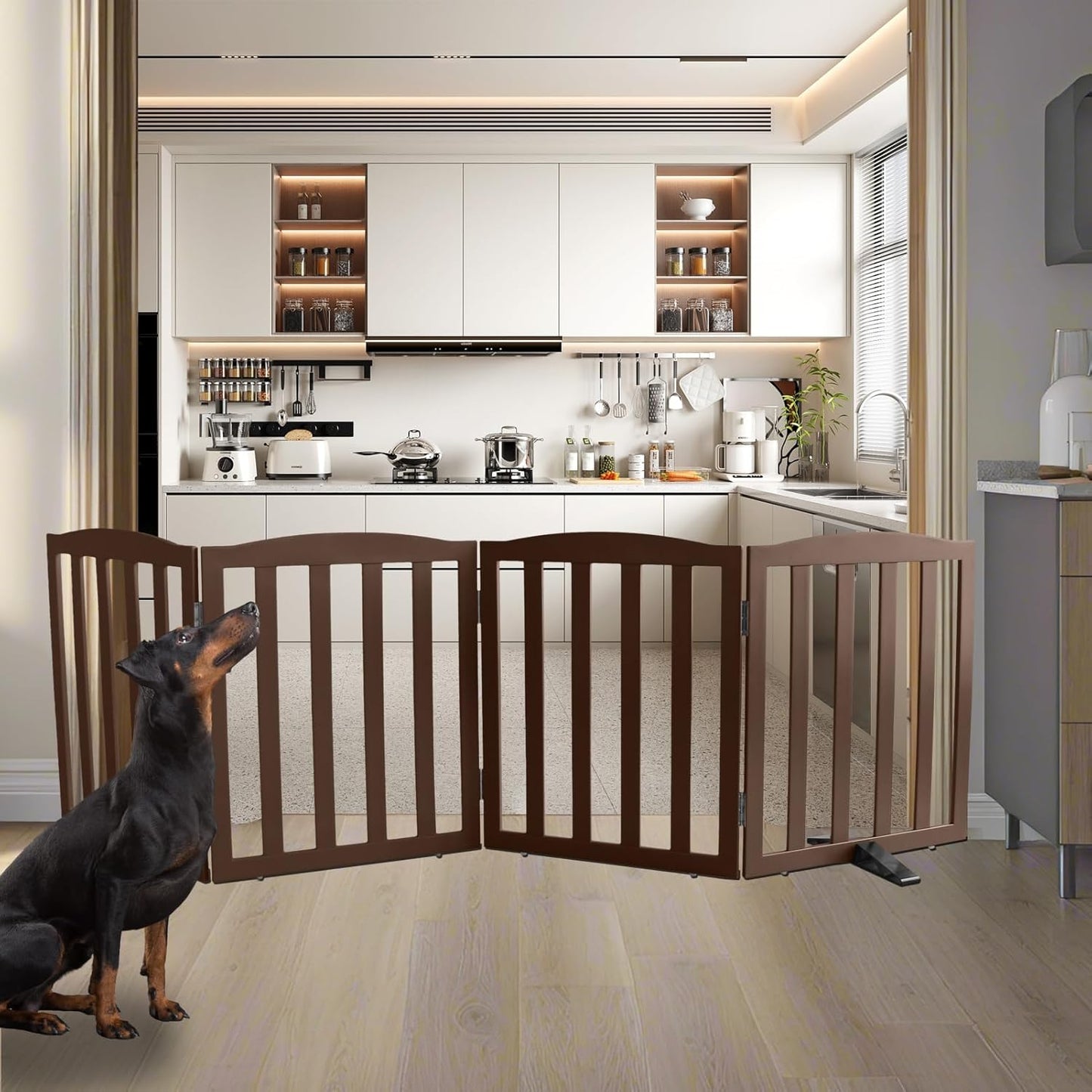ZJSF Foldable Freestanding Indoor Dog Gate for House Wood Long Pet Gates Dog Fence for Stairs Puppy Gates for Hallways, Puppy Gate,Support Feet Included, Brown, 24 "Height-4 Panels