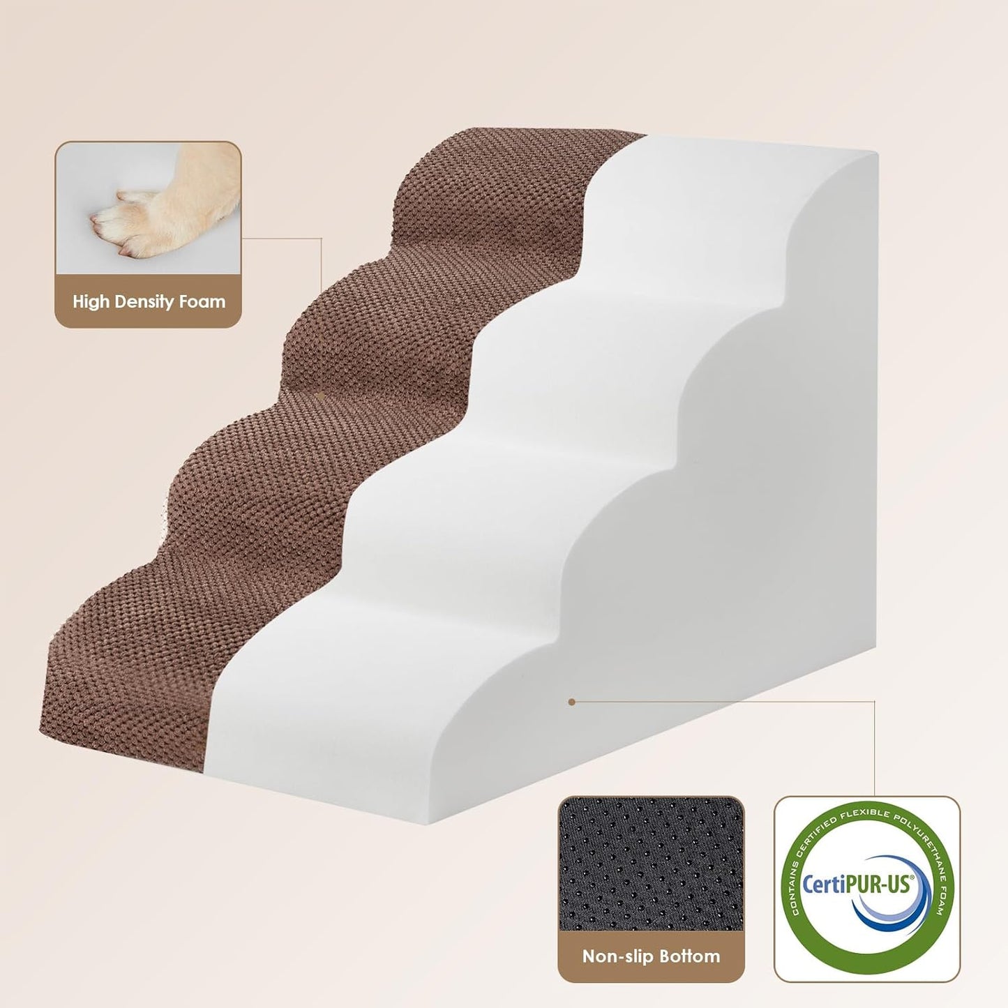 EHEYCIGA Curved Dog Stairs Ramp for High Beds 19.7" H, 4-Step Dog Steps for Small Dogs and Cats, Pet Stairs for High Bed Climbing, Non-Slip Balanced Pet Step Indoor, Brown