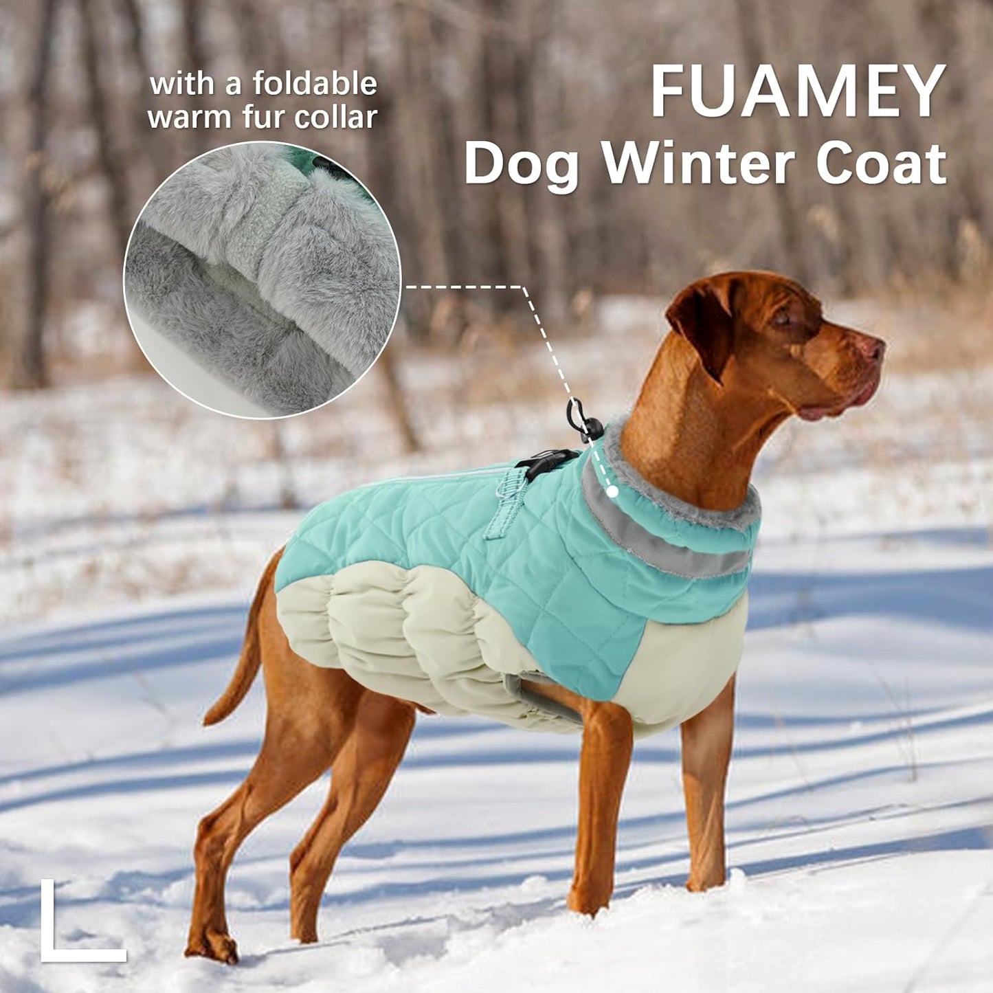 FUAMEY Dog Coat for Large Dogs,Waterproof Dog Winter Jacket with Harness Built in Puppy Cold Weather Coats Reflective Pet Vest with Zipper Warm Fleece Dogs Snowsuit Windproof Mint Green XL