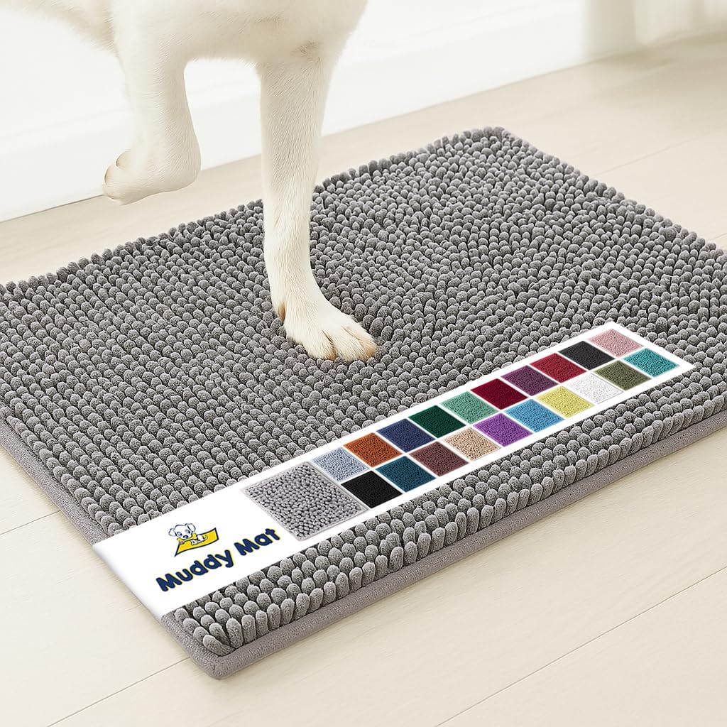 Muddy Mat® AS-SEEN-ON-TV Highly Absorbent Microfiber Door Mat and Pet Rug, Non Slip Thick Washable Area and Bath Mat Soft Chenille for Kitchen Bathroom Bedroom Indoor and Outdoor - Grey 6ft x 9ft