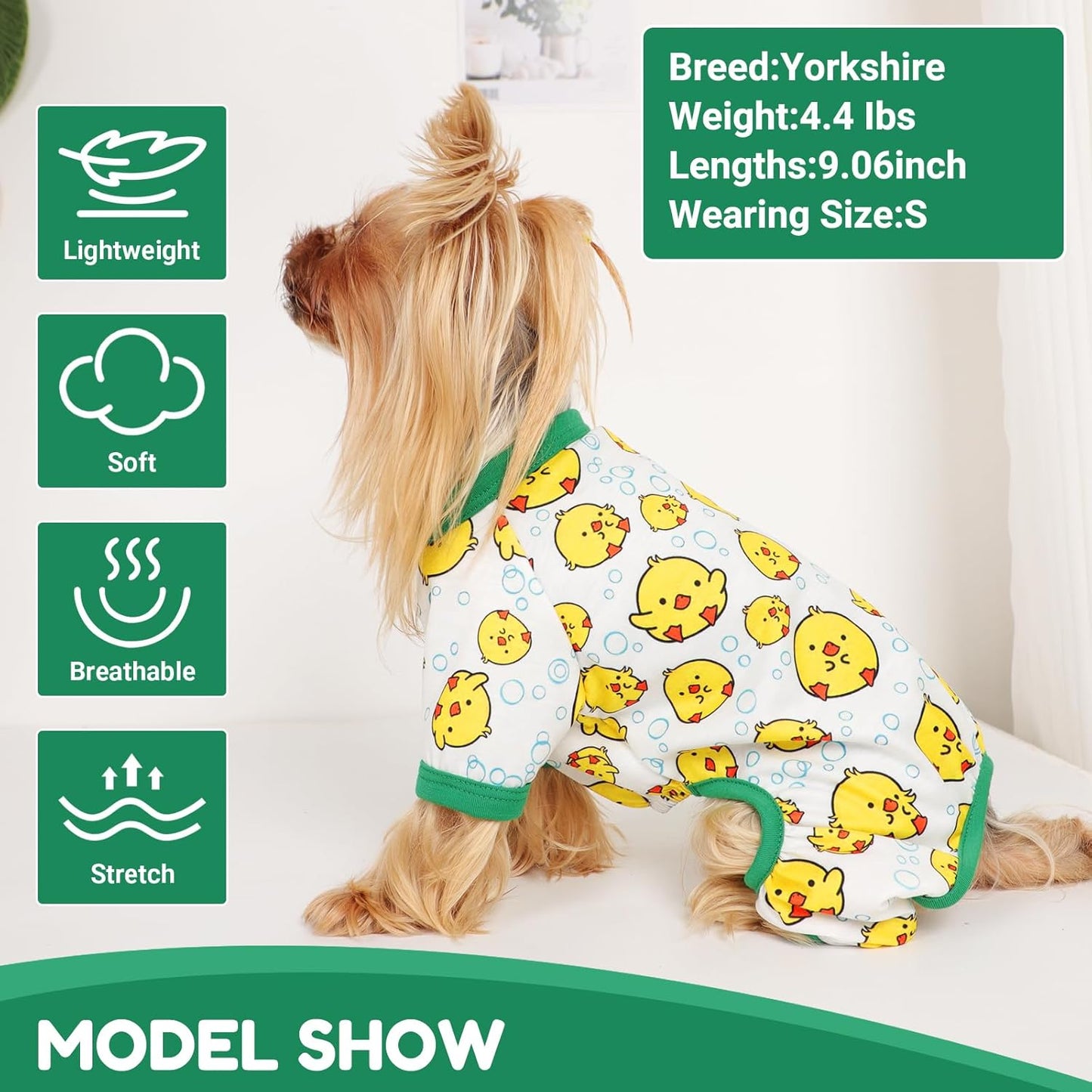 Dog Pajamas Small Sized Dogs Stretchable Summer Dog Clothes Pjs 4 Legs Girl Boy Cute Soft Puppy Outfits Doggie Cat Jammies Jumpsuit Sleeper for Pet, Duckling, L