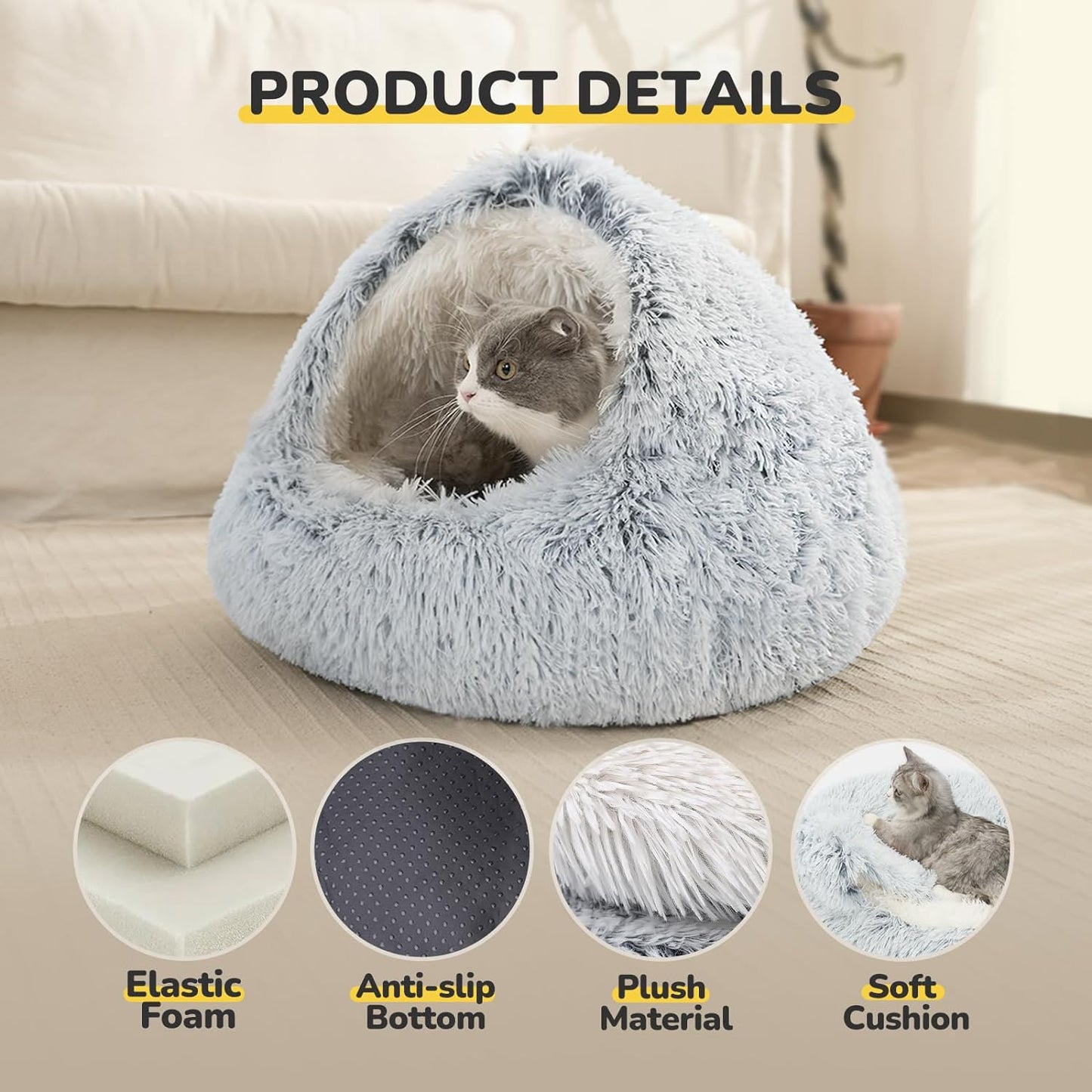 CATISM Cozy Plush Hooded Cat Bed, Indoor/Outdoor, Self-Warming Cave, Removable Washable Non-Slip Bottom
