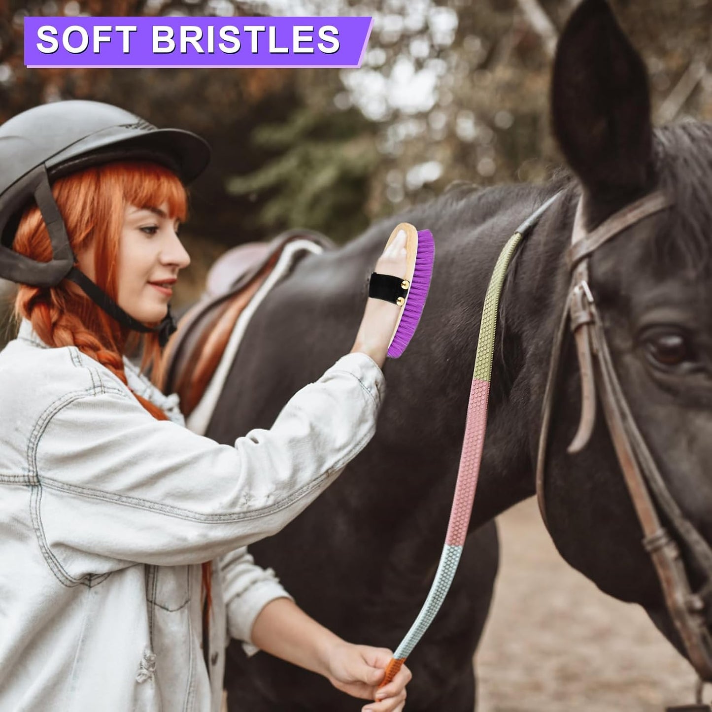 9 Pieces Grooming Kit with Tote Bag, Sweat Scraper, Sponge, Hoof Pick, Curry Comb for Horse Riders Beginners (Purple)