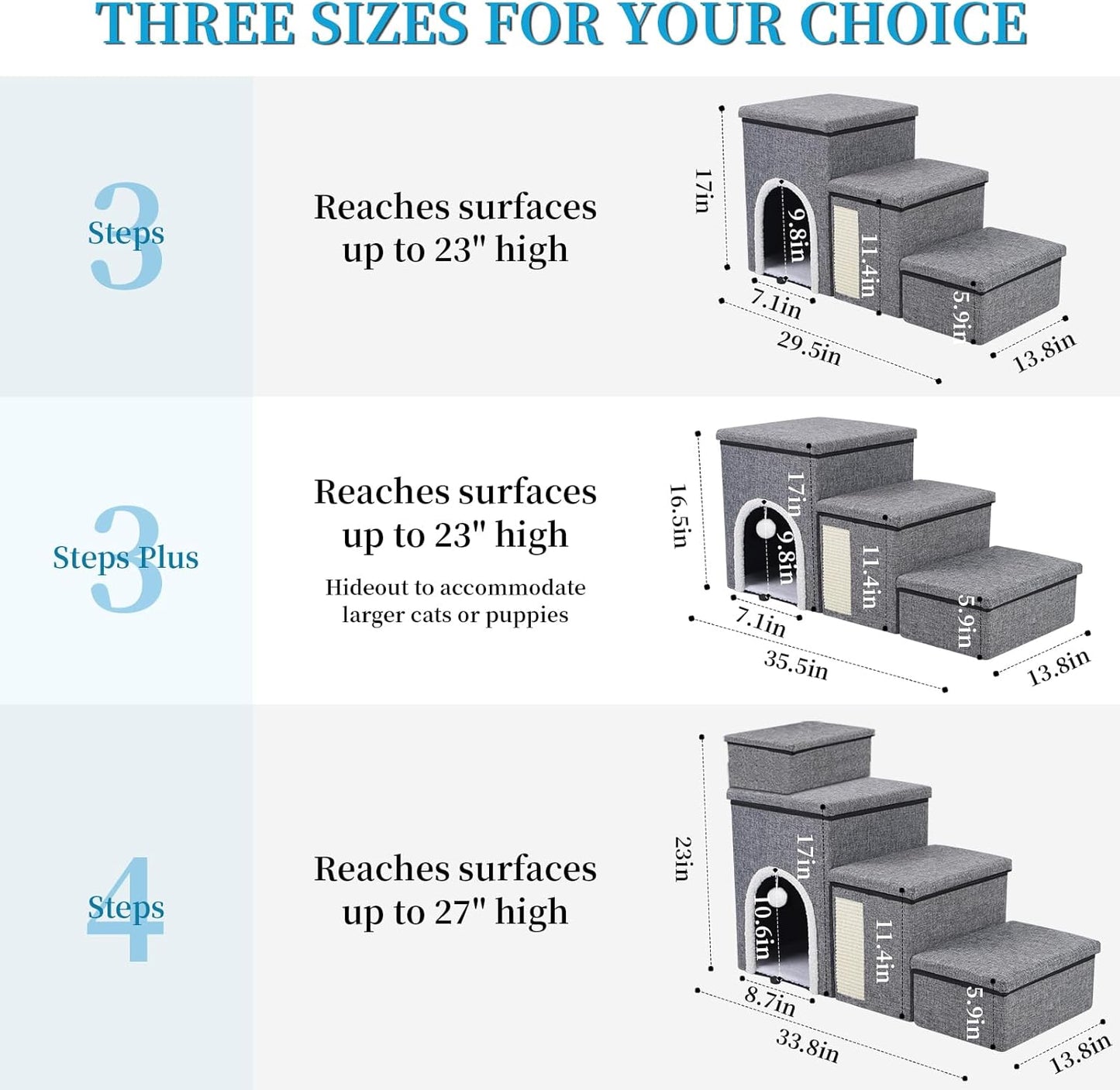 Dog Stairs for Bed and Couch 23“H, Foldable Dog Stairs for Small Older Dogs, 4 in 1 Adjustable Pet Cat Steps Ramps with Storage, Condo, Cat Scratcher, Hold Up to 180LBS, 4 Steps