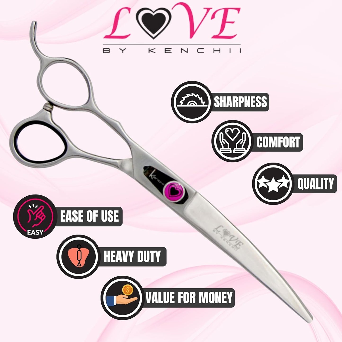 Kenchii Love Left Handed Dog Grooming Scissors, 7 Inch Curved Shears, Dog Scissors for Grooming, Professional Pet Grooming Scissors, Ergonomic & Comfortable