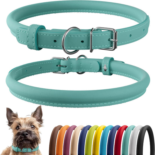 CollarDirect Rolled Leather Dog Collar, Soft Padded Round Puppy Collar, Handmade Genuine Leather Collar Dog Small Large Cat Collars 13 Colors (8-11 Inch, Mint Green Smooth)
