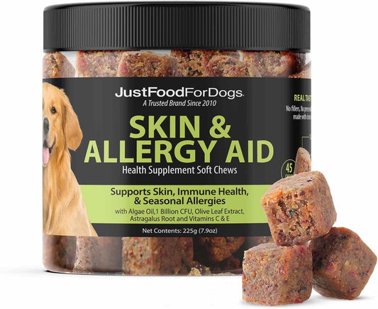 JustFoodForDogs Skin & Allergy Care Soft Chews Supplement for Dogs, Seasonal Allergies, Itchy Skin Relief, Inflammation, Immune Support - 45 Count