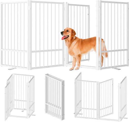 Full Metal Freestanding Dog Gate with Door, 36''Height Foldable Pet Dog Fence for Indoor & Outdoor, 4 Panels Extra Wide Free Standing TallDog Gates for Doorways,House,Stairs,Porch,Deck,Yard
