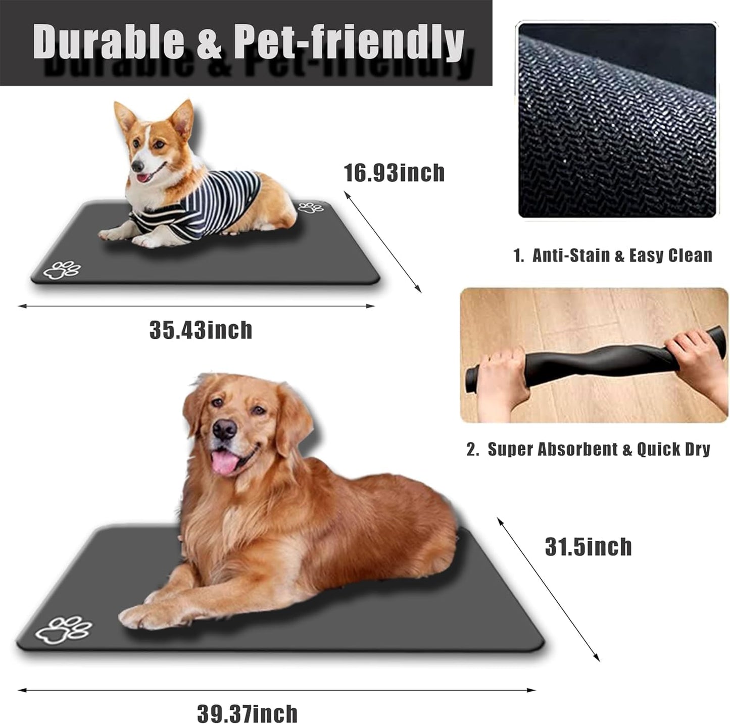 Large Pet Feeding Mat,Super Absorbent Pet Mat,Quick Dry Cat & Dog Water Dispenser Mat,No Stains Non Skid Pet Food Mat for Food and Water Bowl,Easy to Clean Pet Placemats (Dark Brown, 36'' x 16'')