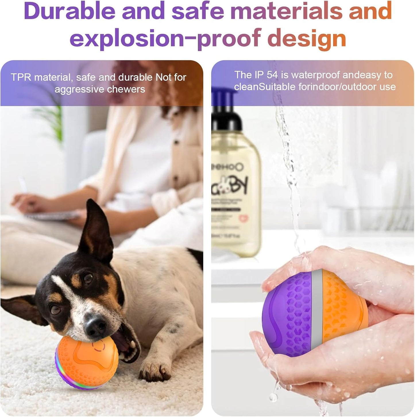 Interactive Dog Toys Ball, Automatic Rolling Toy, Lively pet Ball for Medium/Large Dogs to Relieve Boredom, Activated Automatic Motion Dog Balls Toy with LED Flash, USB Rechargeable (Orange+Purple)