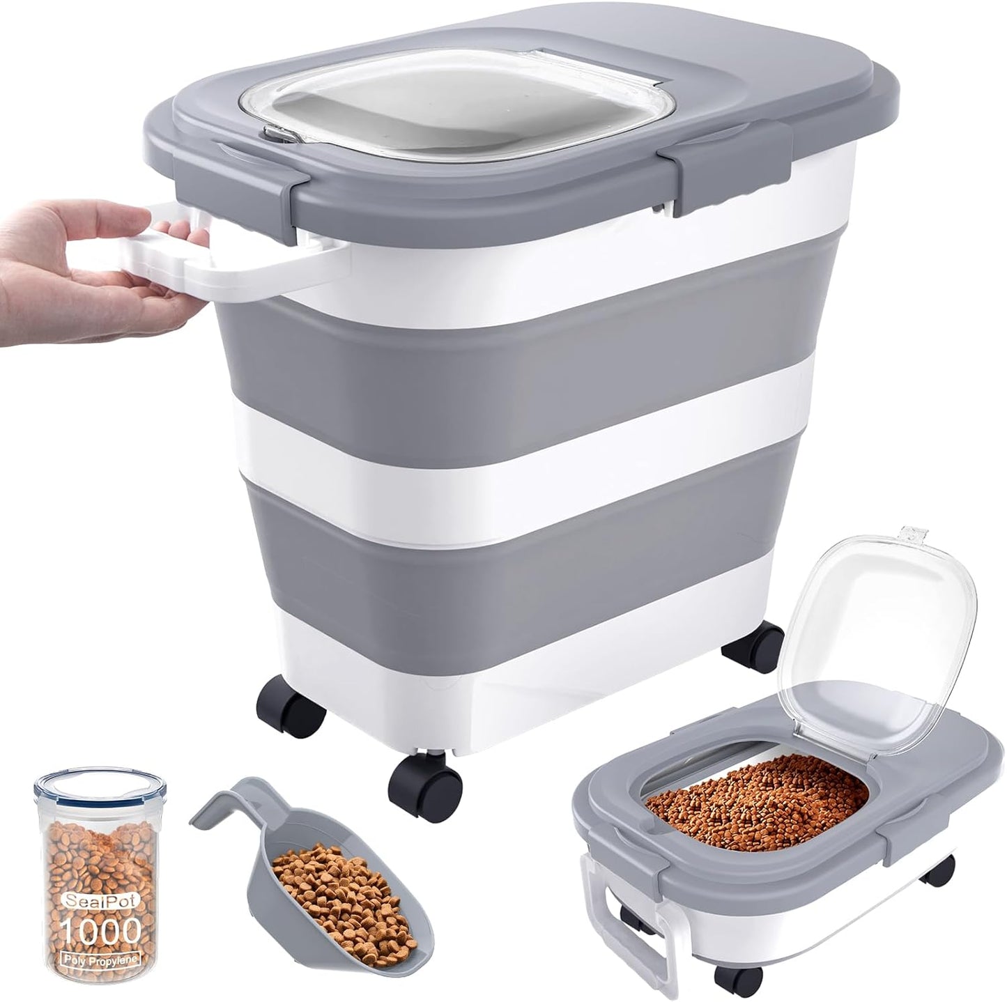 23-25 Lbs Airtight Dog Food Storage Container,Collapsible Dog Food Container with Lid,Wheels,Handle,Large Pet food storage Container with Scoop,Small Food Container for Dog Cat