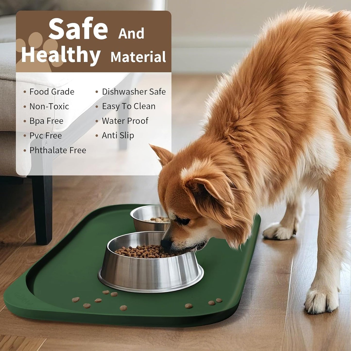 Silicone Pet Feeding Mat with Raised Edge & Residue Collection Pocket for Food and Water, Dog Bowl Mats, Cat Bowls Placemat with High Lip for Floor Waterproof, 24 x 16 x 0.8 Dark Olive