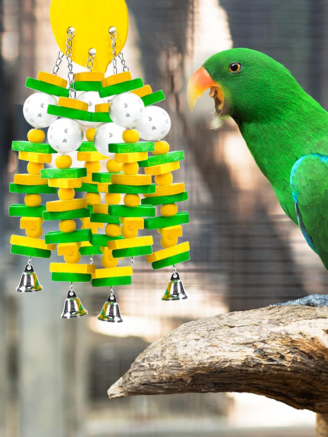 MEWTOGO Parrot Toys, Safe Healthy Parrots Cage Chewing Toy with Colorful Wood Blocks Crisp Bells for Macaws African Grey and Amazon Parrots (Lemon Style)