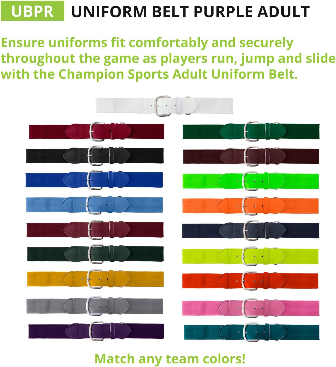 Champion Sports Baseball/Softball Uniform Belt, Comfort Stretch Fit Durable Syntex Tab - Youth & Adult Sizes, Multiple Colors