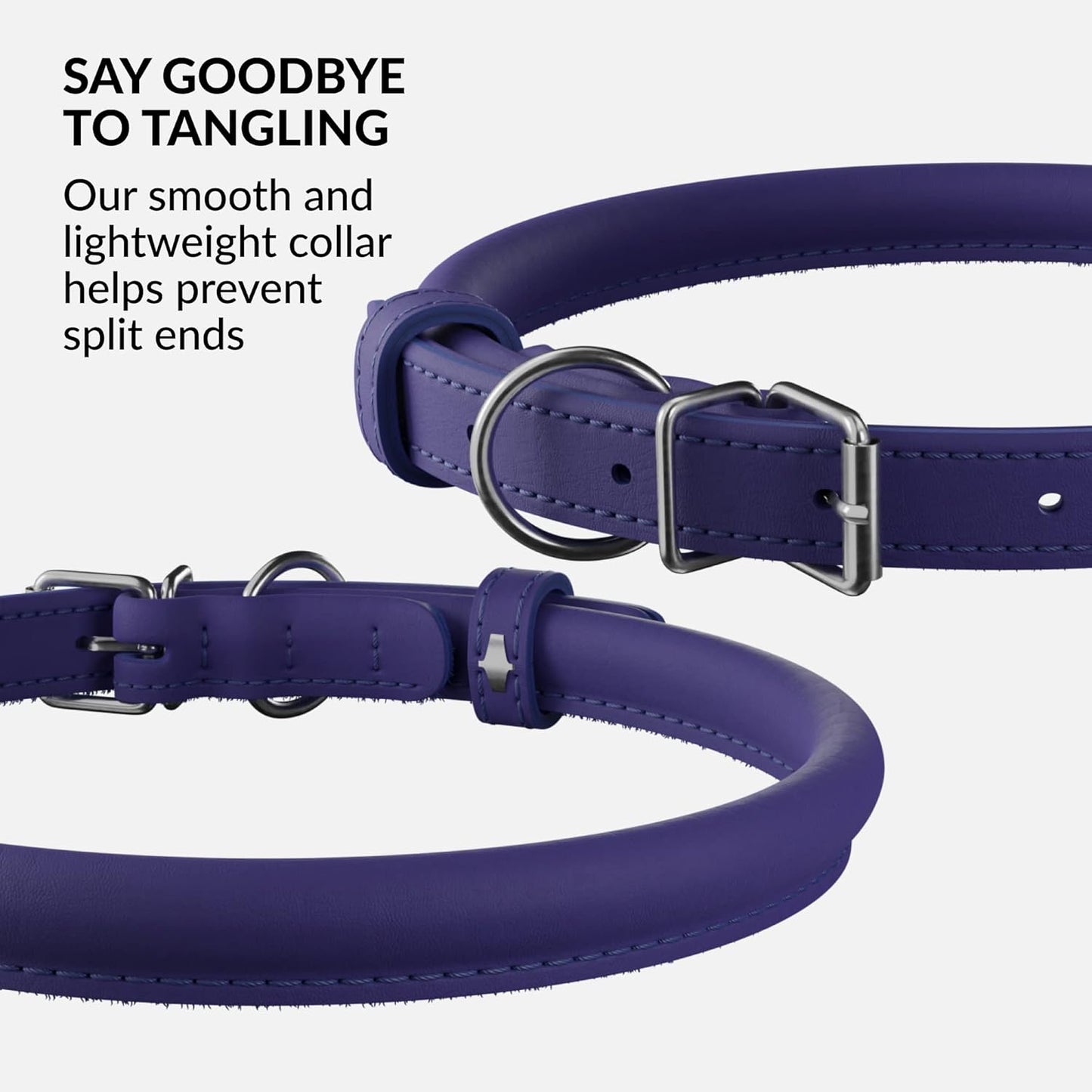 CollarDirect Rolled Leather Dog Collar, Soft Padded Round Puppy Collar, Handmade Genuine Leather Collar Dog Small Large Cat Collars 13 Colors (18-22 Inch, Purple Smooth)