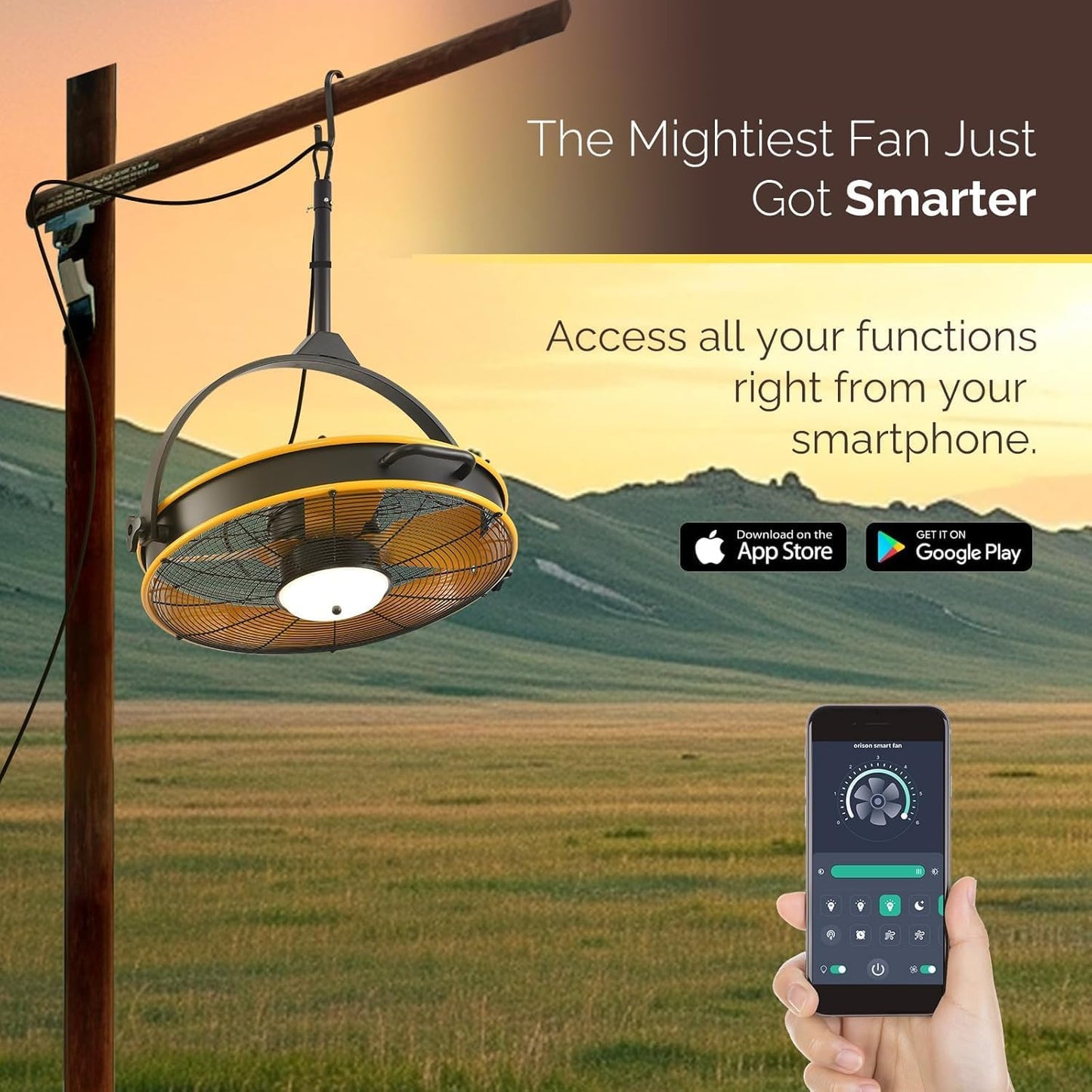 Orison 24.8'' Waterproof Outdoor Ceiling Fan, 6 Speed Ceiling Mounted Plug-In Cord Garage Fan with Remote&APP, 360-degree Manual Vertical Rotation, Hook hanging for Gazebo, Patio, Pergola (Yellow)