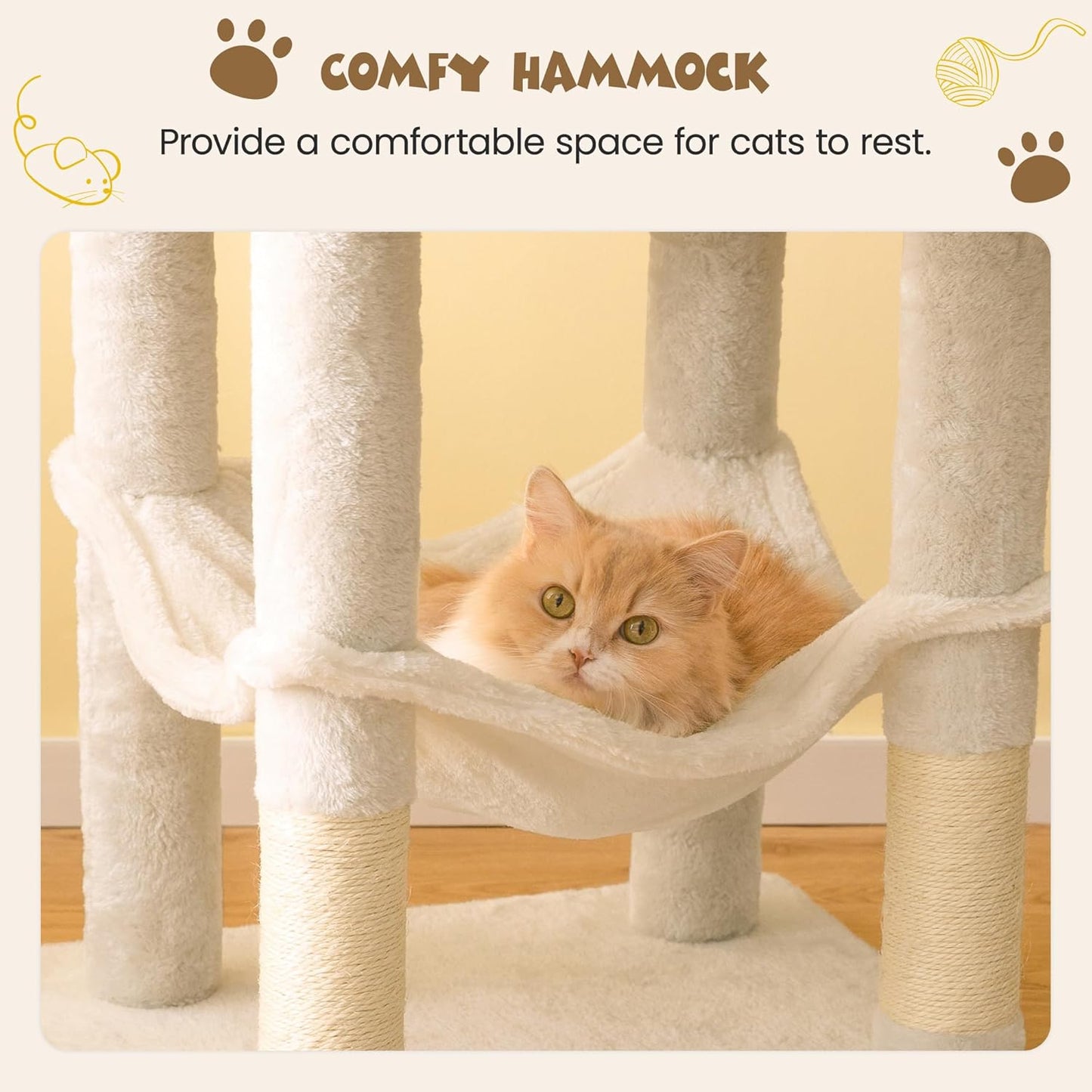MWPO 63.8 inches Multi-Level Cat Tree for Large Cats with Sisal-Covered Scratching Posts, Padded Platform, Hammock and Condo,Stable Cat Tower Cat Condo Pet Play House-Beige