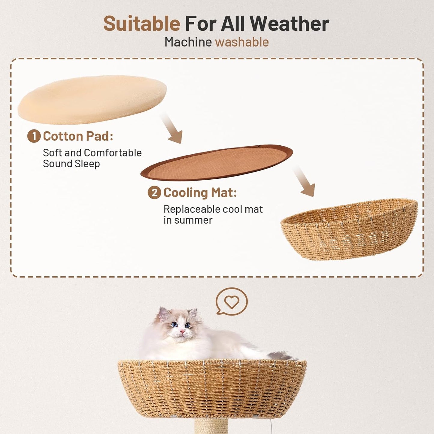 Rattan Cat Climbing Tower Condo with Scratching Post,Capsule,Basket,and Bed Modern Heavy Duty Cat Tree for Indoor Cat Large Adult