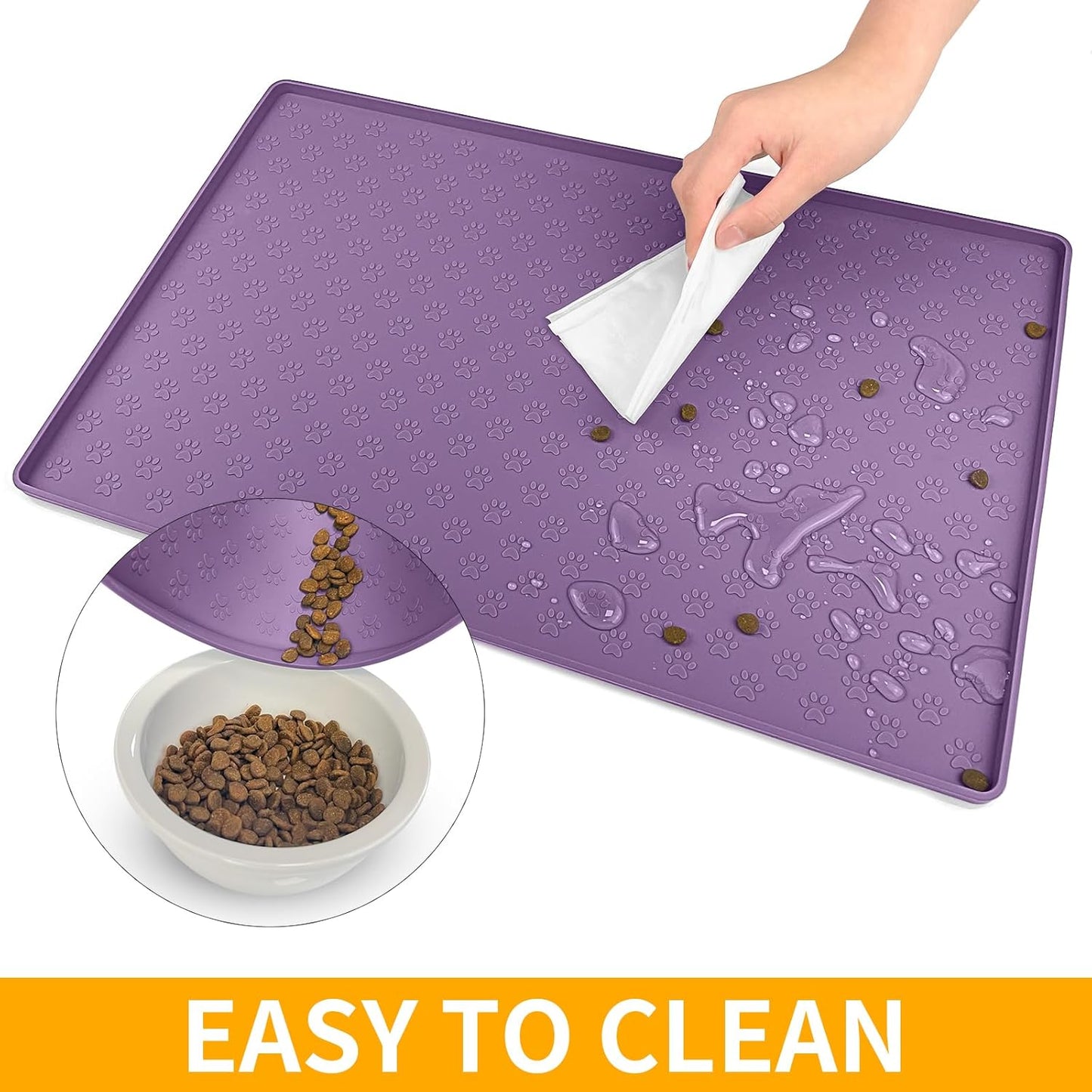 Ptlom Silicone Dog Food Mat Waterproof Pet Feeding Mat with High-Lips, Anti-Slip Dog Bowl Mat for Food & Water, Non-Spill Puppy Feeding Tray for Small, Medium & Large Dogs and Cats, Purple