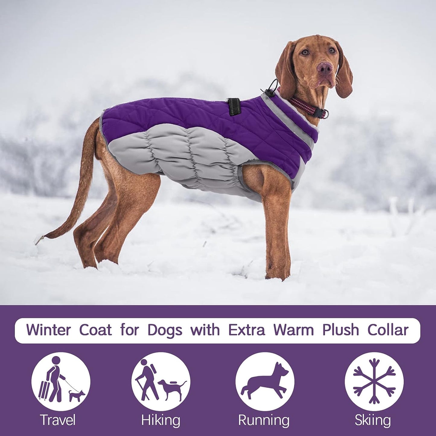 FUAMEY Dog Coat for Large Dogs,Waterproof Dog Winter Jacket with Harness Built in Puppy Cold Weather Coats Reflective Pet Vest with Zipper Warm Fleece Dogs Snowsuit Windproof Purple L