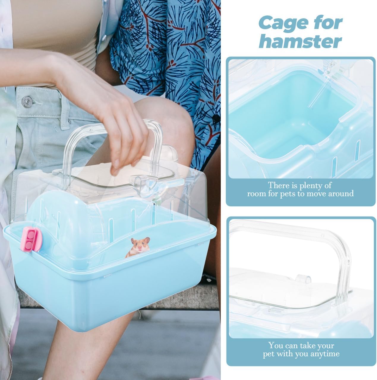 POPETPOP Small Animal Carrier Cage with Water Bottle - Portable Hamster Travel Cage with Handles for Hedgehog Hamster Rat Bearded Dragon Ferret Chinchillas (Sky-Blue) 11"*6.69"