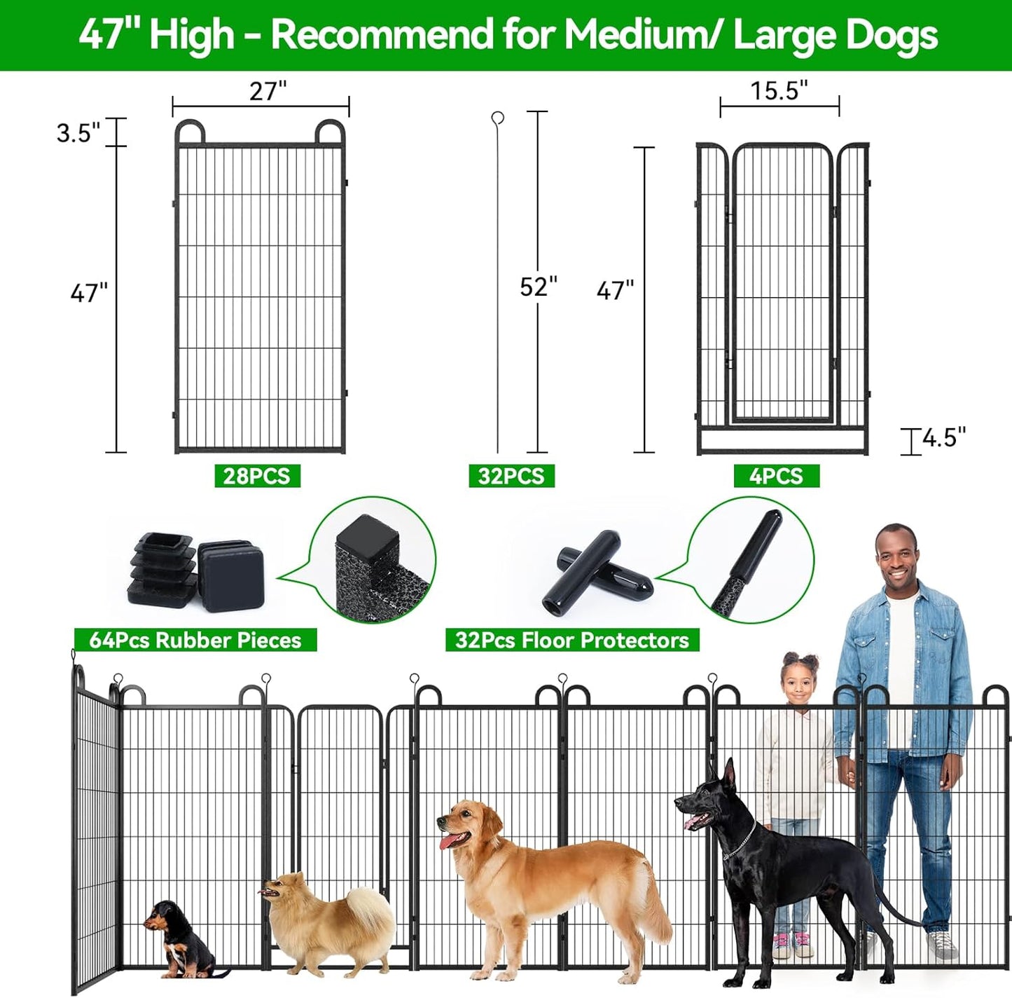 Dog Playpen Outdoor 32 Panels Heavy Duty Dog Fence 47" Height Anti-Rust with Doors Portable for RV Camping Yard, Total 71FT, 406 Sq.ft, Snowy Black