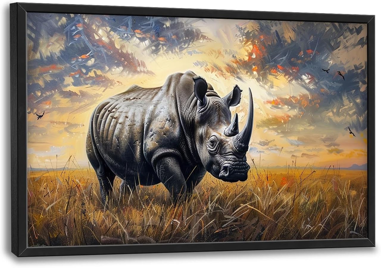 Rhino Large Wall Art Rustic Cool Wild Animal Rhinoceros Pictures Sunset Field Landscape Wall Decor Canvas Print Painting Artwork for Bathroom Living Room Bedroom 36L" x 24W"