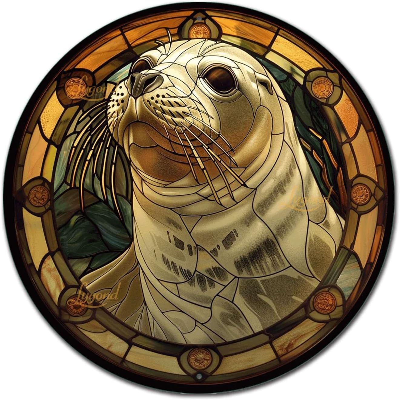 Lygond Metal Sign Tin Sign Circular Stained Glass Harbor Inspirational Wall Art for Bar 8×8 Inches