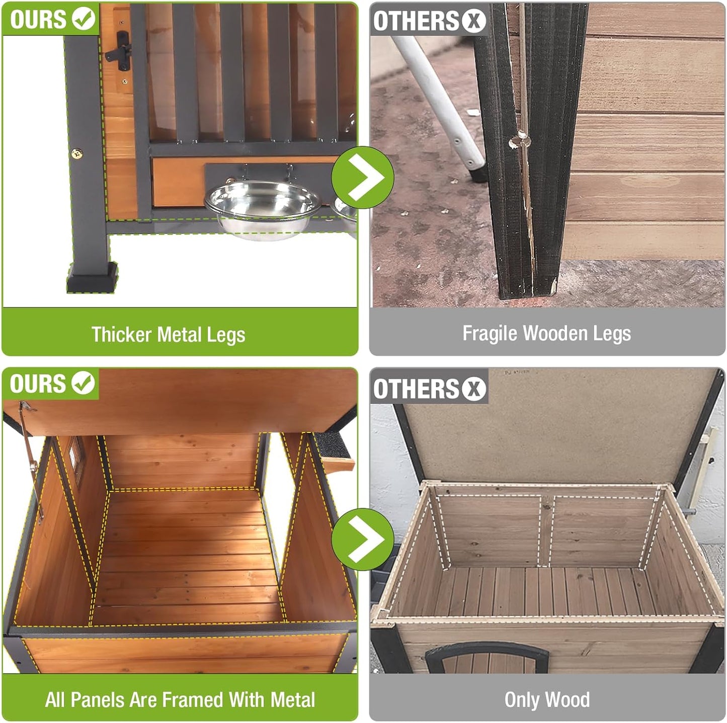 GUTINNEEN Dog House Outdoor Dog Kennel with Chew-Proof Metal Frame, Rotating Food Bowl, PVC Door Curtain, Weatherproof for Small Medium Dogs, 39.7" L x 25.5" W x 32.2" H (Dark Brown)