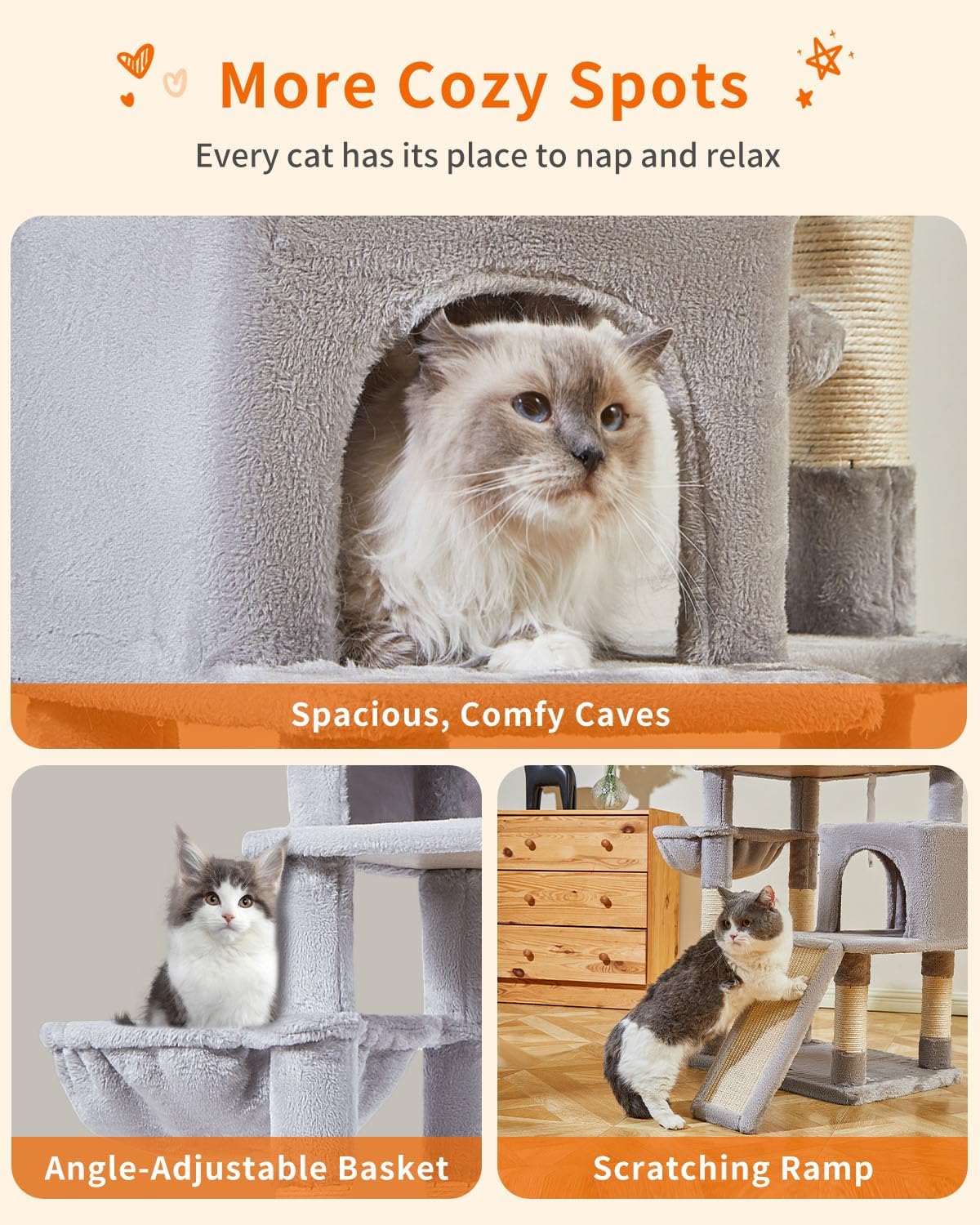 Taoqimiao 56.3-Inch Cat Tree, Cat Tower with Scratching Posts, Cat Tree House for Indoor Cats with hammocks, Toys, Condo and Large Scratch Board, Light Gray MS012W