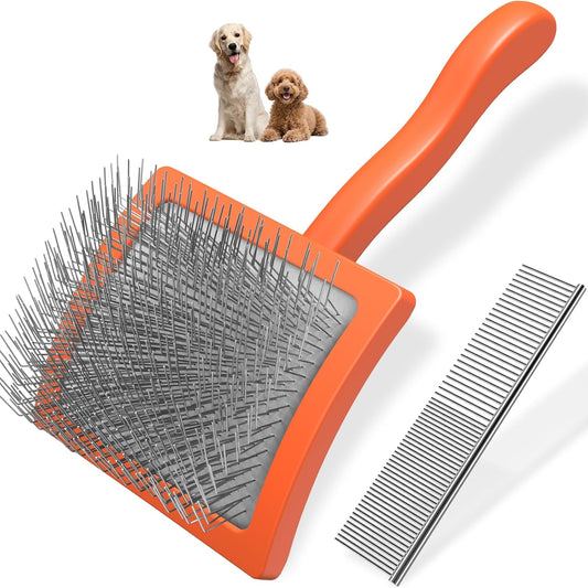 2PCS Slicker Brush for Dogs & Pet Comb,Professional Dog Grooming Brush (Goldendoodles,Poodles,Labradoodles) with Extra Long Pins to Effectively Remove Tangles, Knots and Mats (Orange)