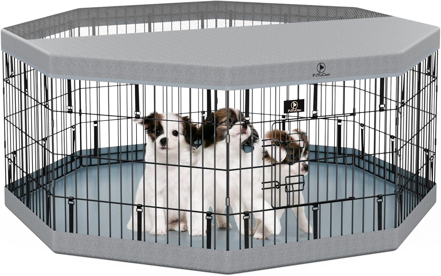 PJYuCien Dog Playpen, 8 Panels 24”H Dog Playpen Indoor with Grey Bottom Pad and Top Cover, Metal Foldable Dog Pen for Indoor Use, Only for Small Medium Animals, Grey