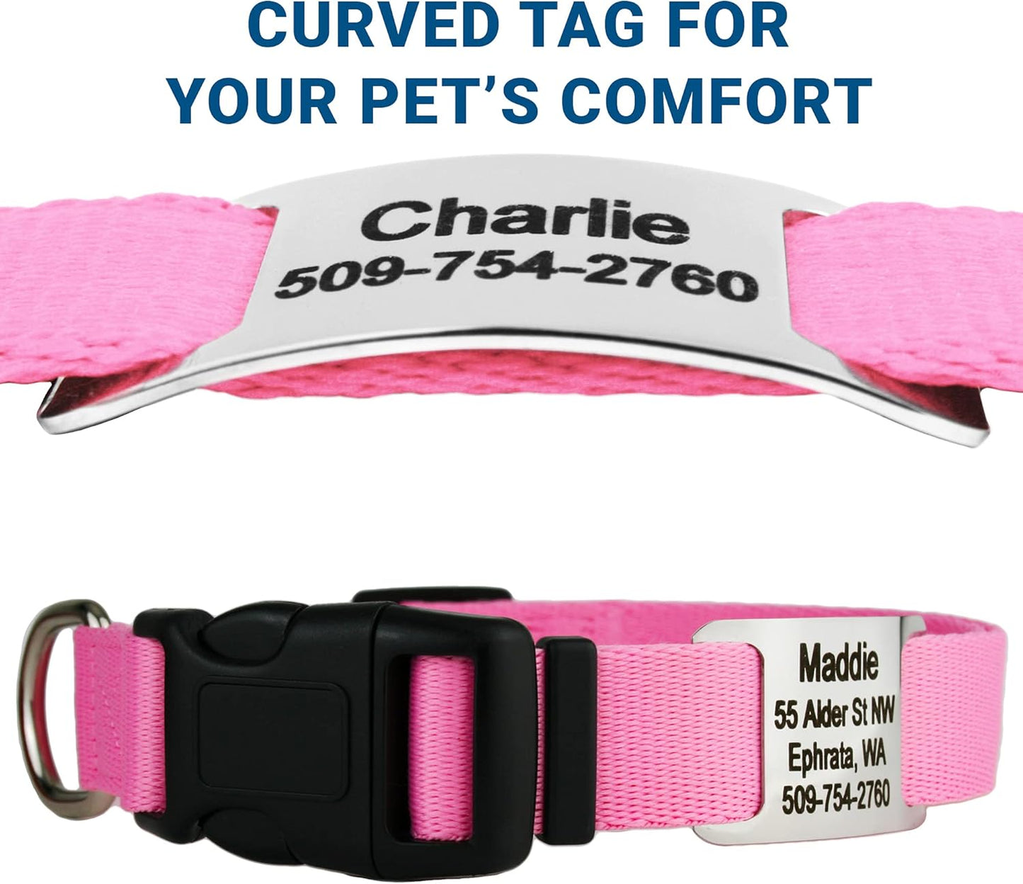 GoTags Personalized Dog Collar with Nameplate, Adjustable Dog Collar with Custom Engraved Slide On Pet ID Tag in Stainless Steel, Silent, No Noise Dog Tag for Large Medium and Small (Pink, Medium)