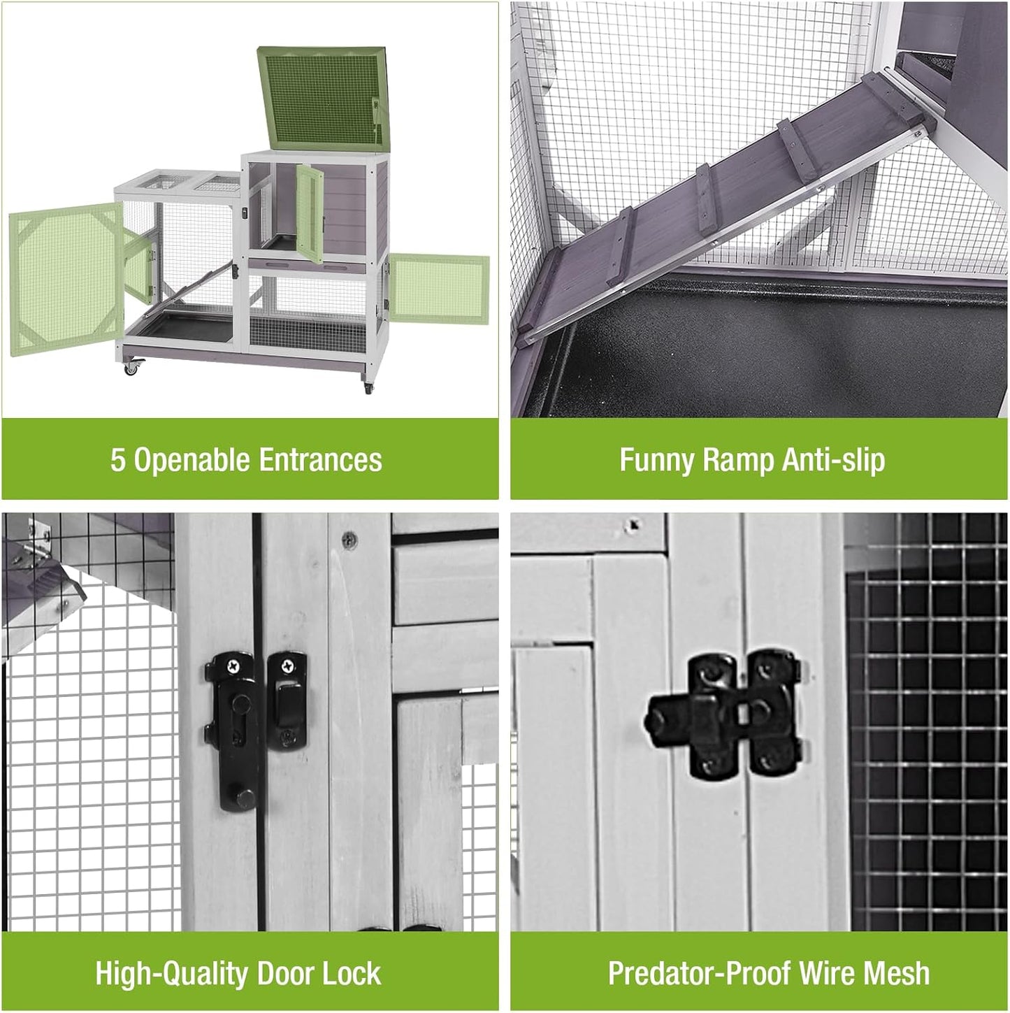 GUTINNEEN 2-Story Rabbit Hutch Indoor Bunny Cage Outdoor Guinea Pig House Wooden Small Animal Cage with Chew-Proof Ramp, Leak-Proof Tray, Lockable Wheels for 2-4 Rabbits, Guinea Pigs (Grey)