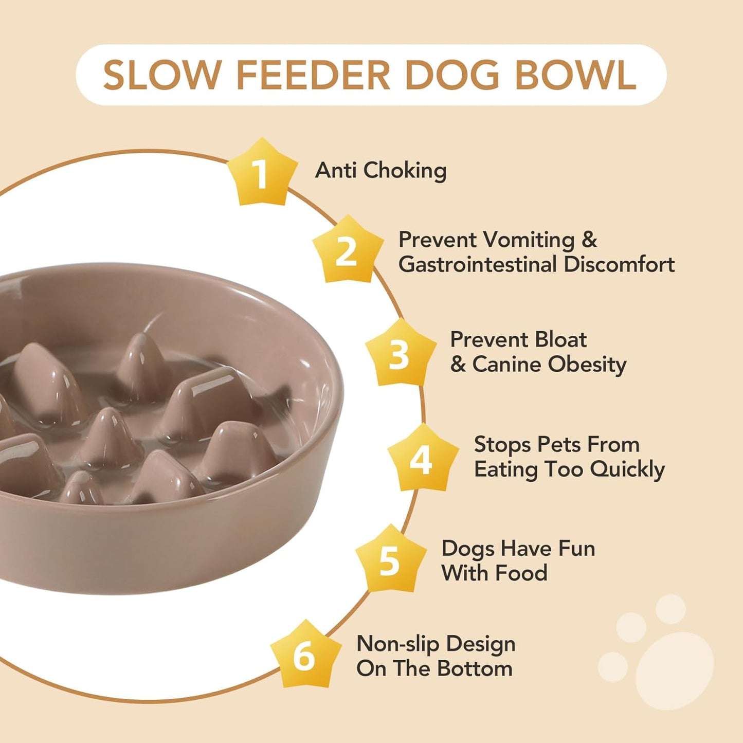 Ceramic 7.3 inch Dog Bowl Slow Feeder, Slow Pet Food Dish for Medium and Small Dog, Stop Bloat, Preventing Choking(Single Bowl, Brown Coffee)