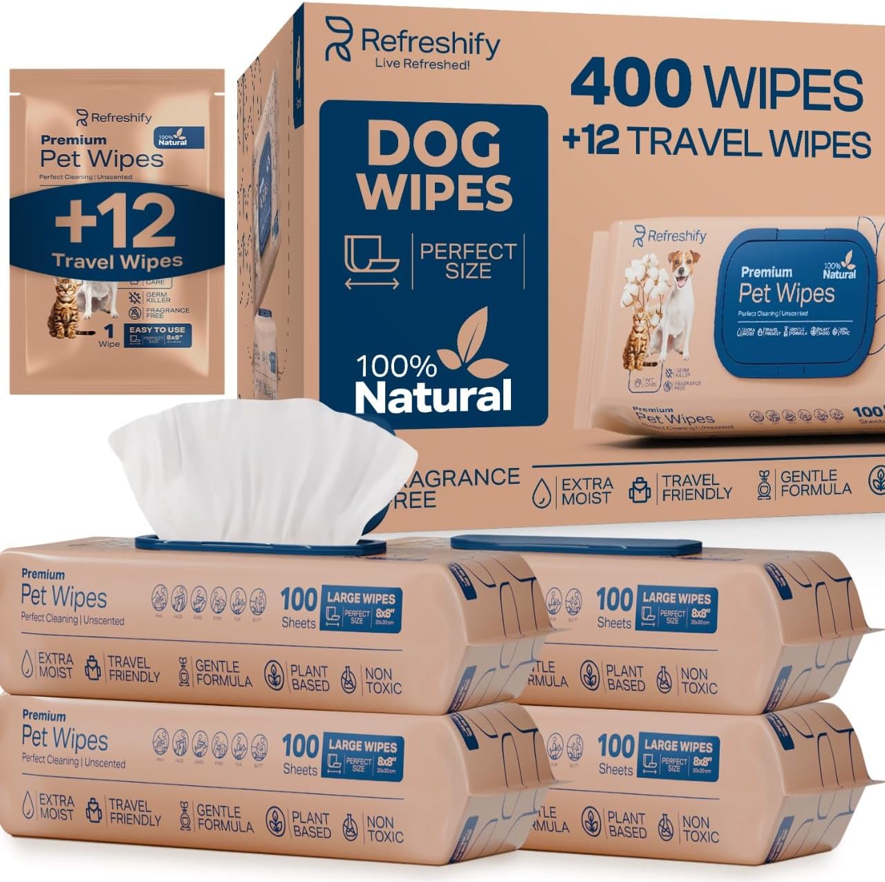 Pet Wipes for Dogs and Cats Plant Based – Unscented (Pack of 400) Dog Wipes for Paws and Butt - Deodorizing Non Toxic Dog Wipes, +12 Additional Travel Wipes