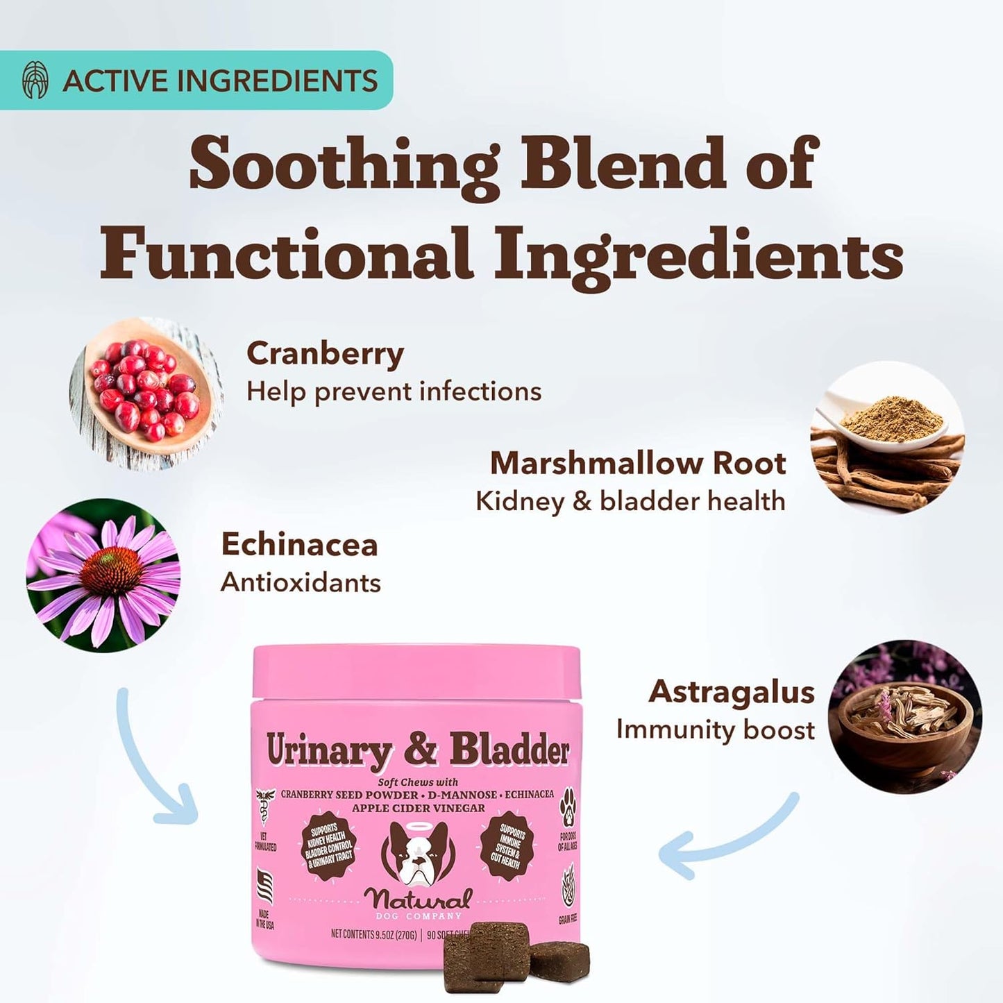 Natural Dog Company Cranberry Supplement for Dogs - Urinary & Bladder Support - D-Mannose for Dog Promotes Bladder Health - Turkey Flavor - Dog UTI Incontinence Supplement - 90 Soft Chews