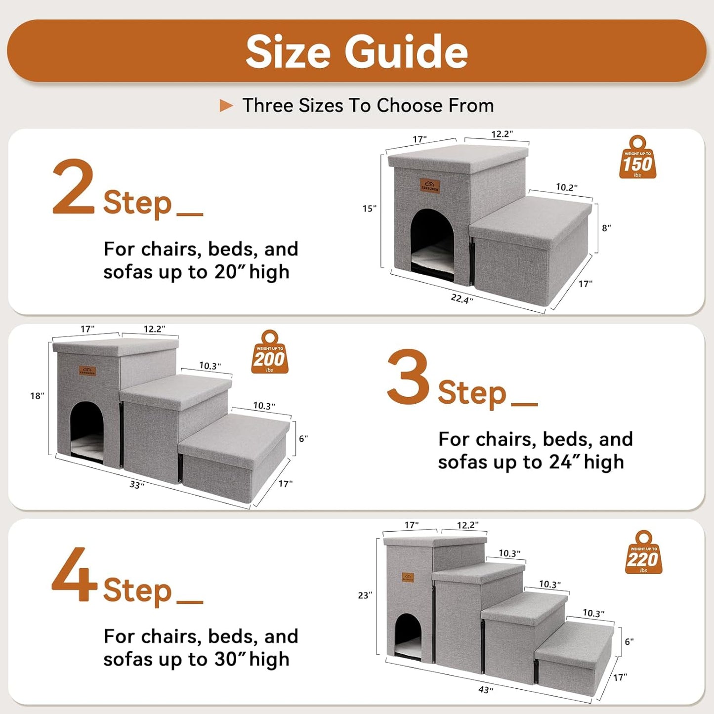 Dog Stairs 15" H, 2-Step Wider Dog Steps for Small/Medium/Large Old Dogs Cats, Folding Sturdy Storage Pet Stairs Climbing Bed Couch, Dog Ramp for Car Hold Up to 150 lbs(Gray, with Condo)