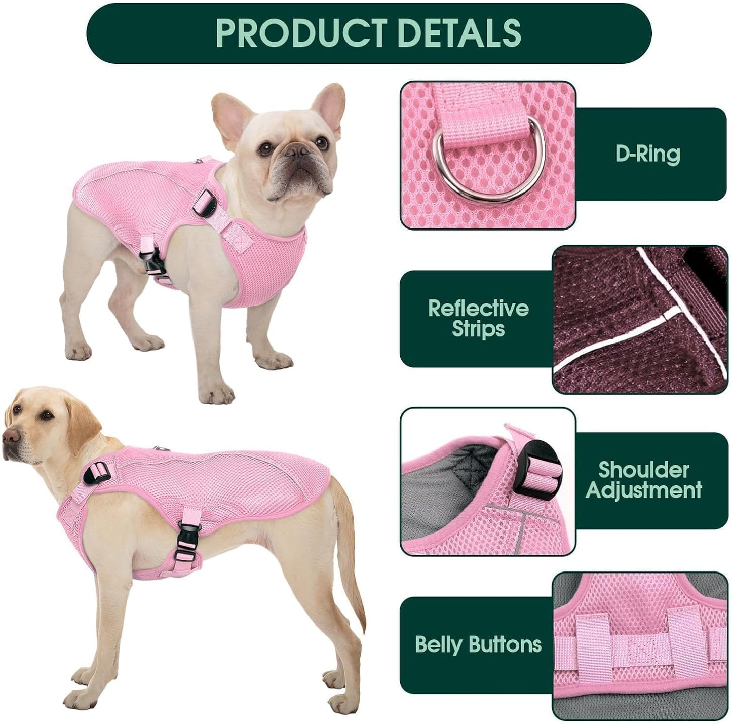 Kuoser Dog Cooling Vest for Large Dogs, Lightweight Doggie Cooler Jacket Breathable Mesh Pet Cooling Shirts Reflective Puppy Cool Harness for Beach, Hiking, Walking Pink XXL