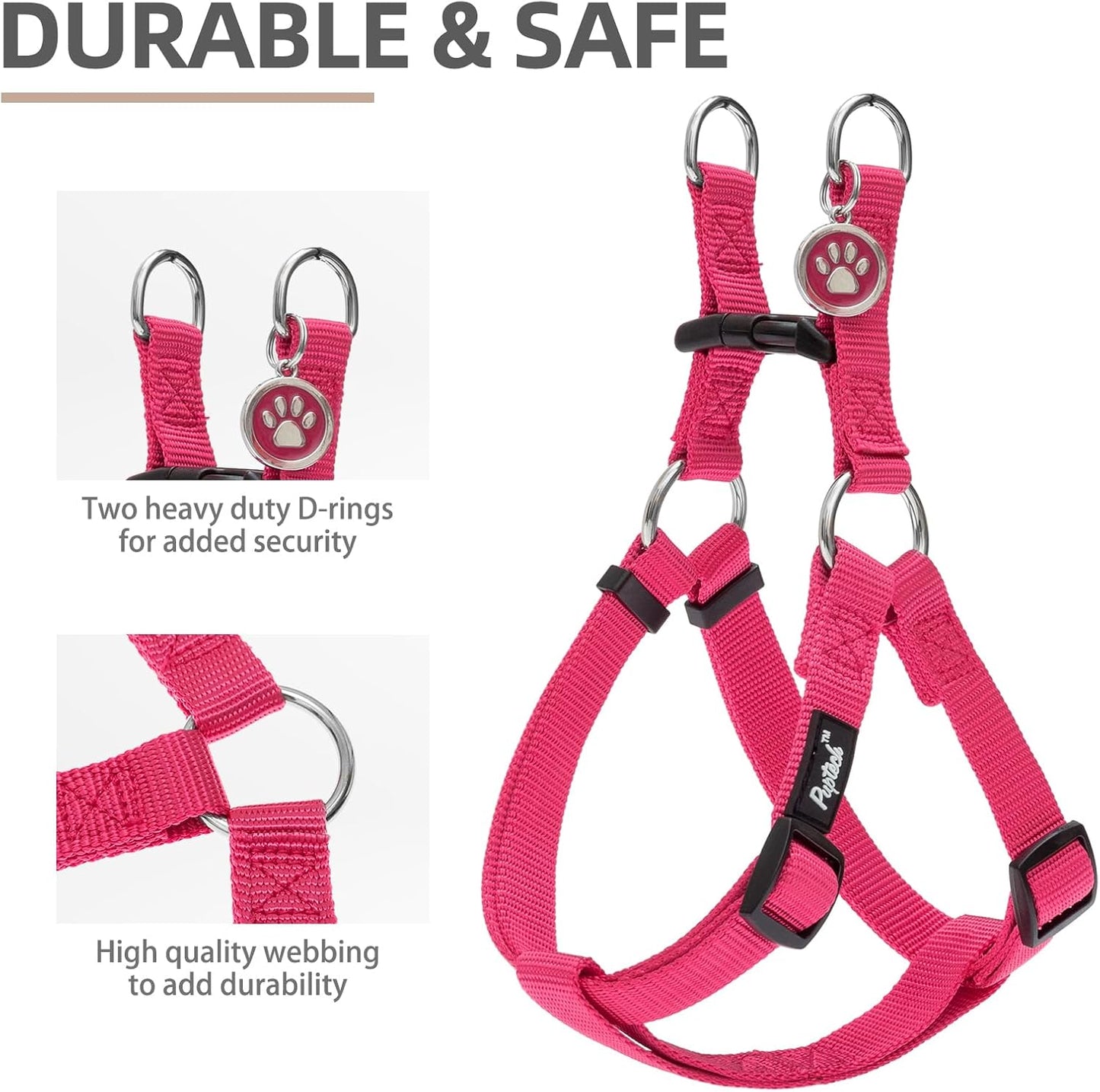 PUPTECK No Pull Dog Harness Soft Adjustable Basic Nylon Step in Puppy Vest Outdoor Walking with ID Tag and A-ir Tag Case, Hot Pink, M