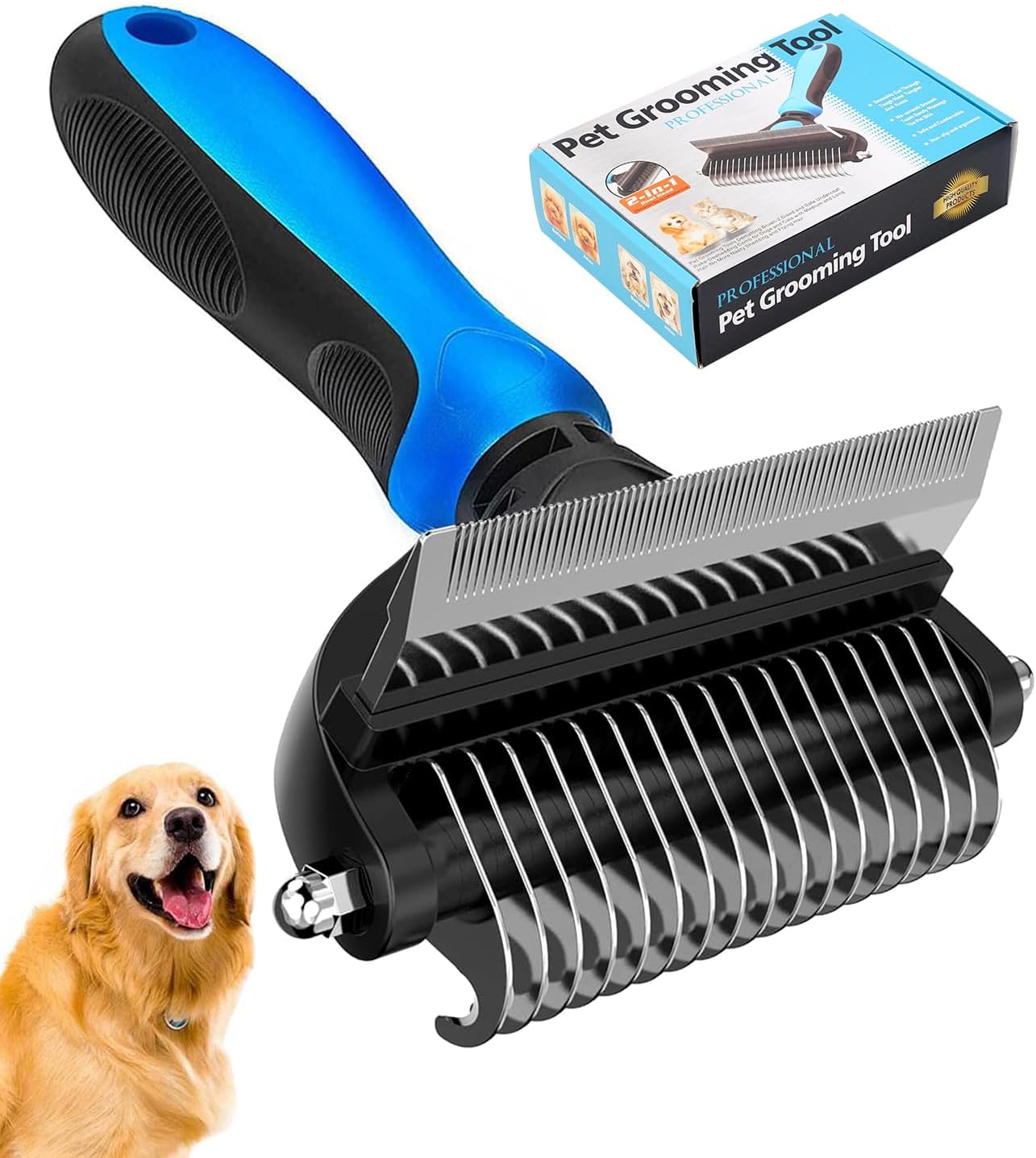 [ 2 in 1 design ] Undercoat Rake and Deshedding Tool for Dogs and Cats - Dematting Comb for Long Hair Pets, Grooming Brush to Clear Mats, Tangles and Reduce Shedding by 95%