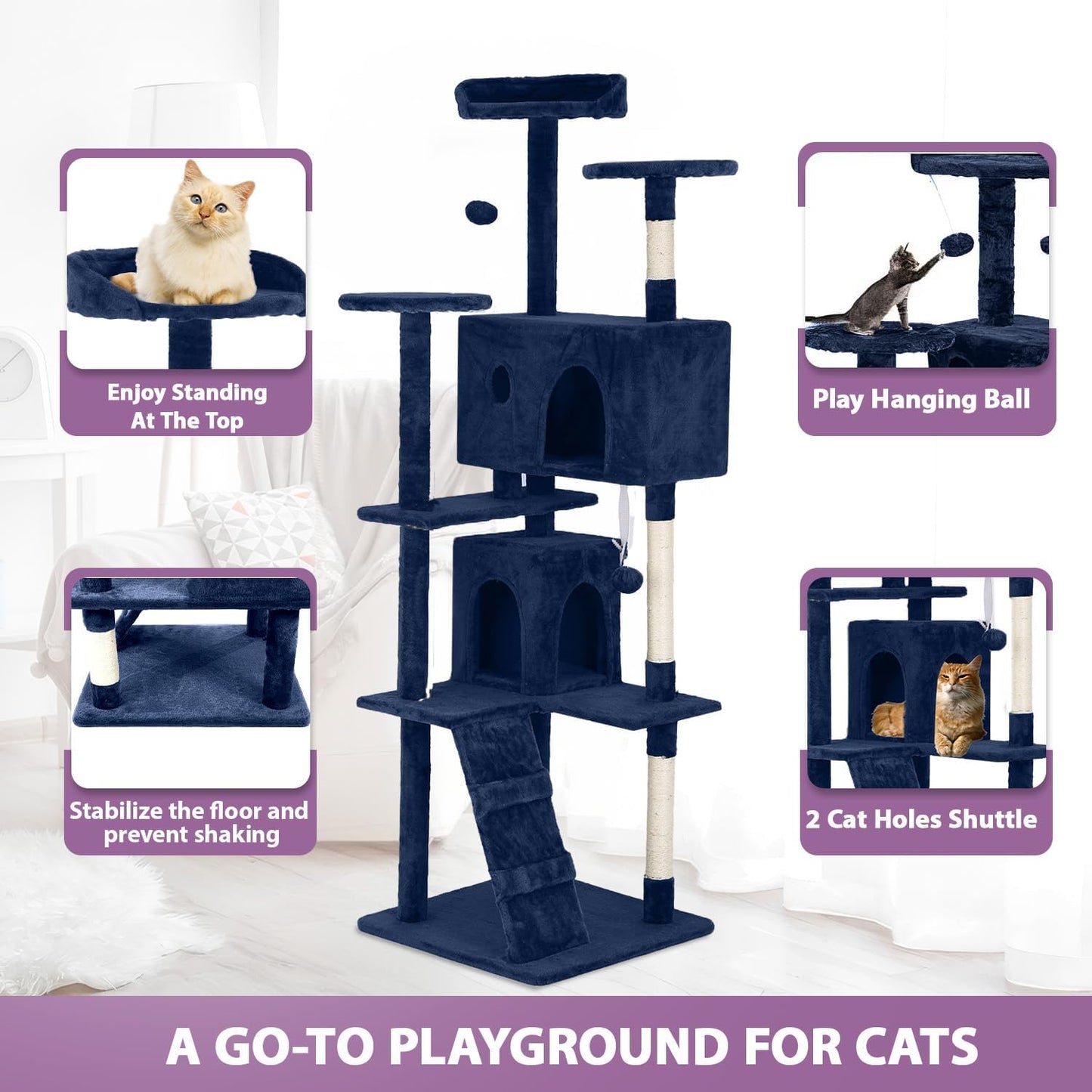 70 Inches Multi-Level Cat Tower for Indoor Cats - XL Tree Climbing Condo With Scratching Posts and Hanging Toys, Navy Blue