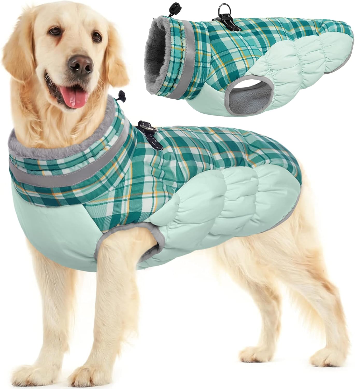 FUAMEY Dog Coat for Large Dogs,Waterproof Dog Winter Jacket with Harness Built in Puppy Cold Weather Coats Reflective Pet Vest with Zipper Warm Fleece Dogs Snowsuit Windproof Green Plaid XL