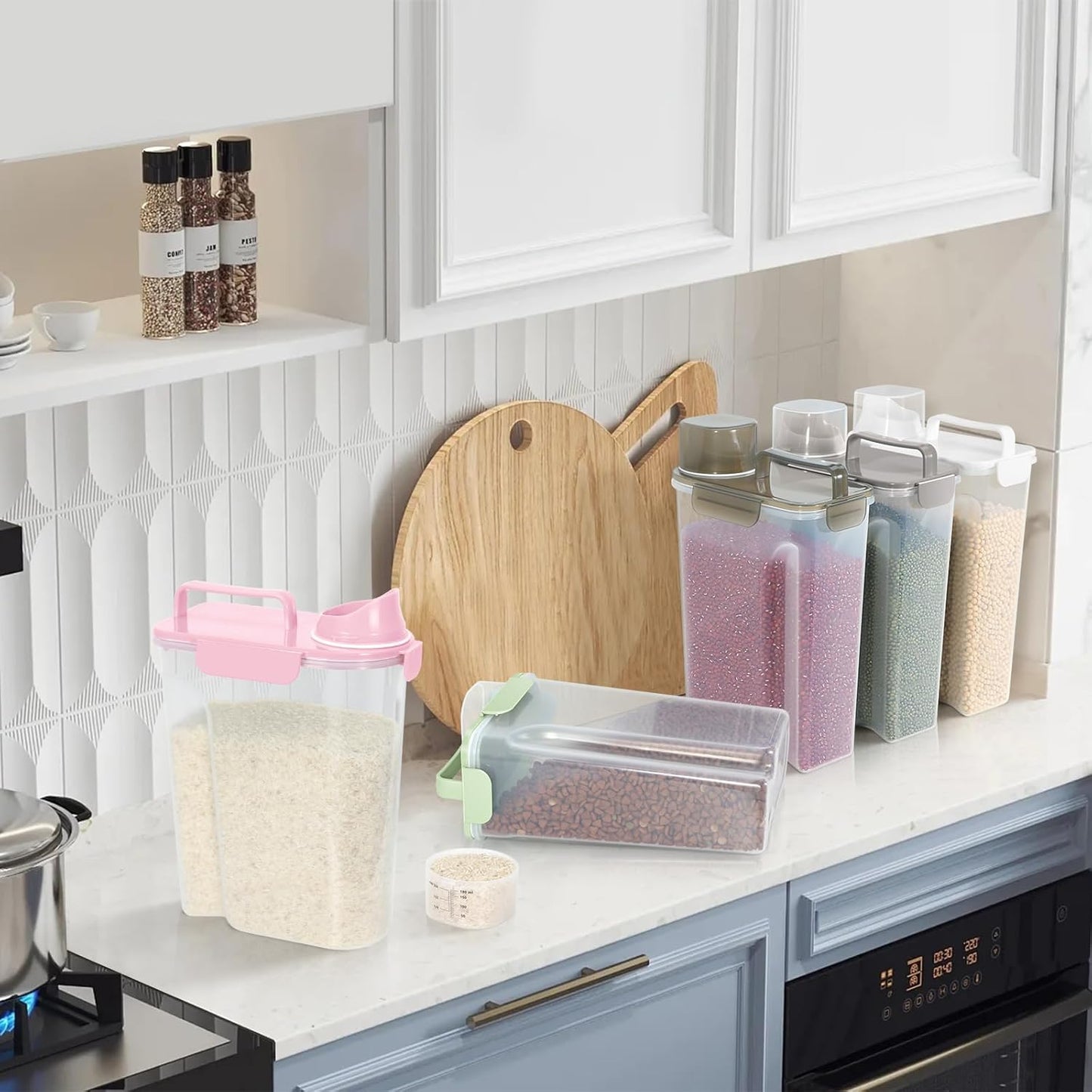 5-7Lbs Dog Cat Food Storage Container with Upgraded Large Nozzle BPA-free, 4 Snap Seals Plastic Pet Food Storage Containers with Handles (2, Light Pink, 5L)