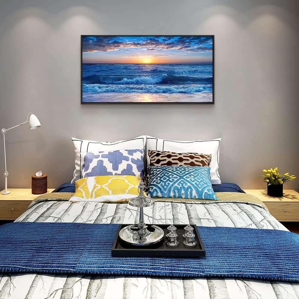 Sea Beach Framed Canvas Wall Art For Living Room Wall Decor For Bedroom Home Decor Blue Ocean Canvas Pictures Artwork Sunny Sea View Wave Painting Office Wall Decorations Black Framed 20" X 40"