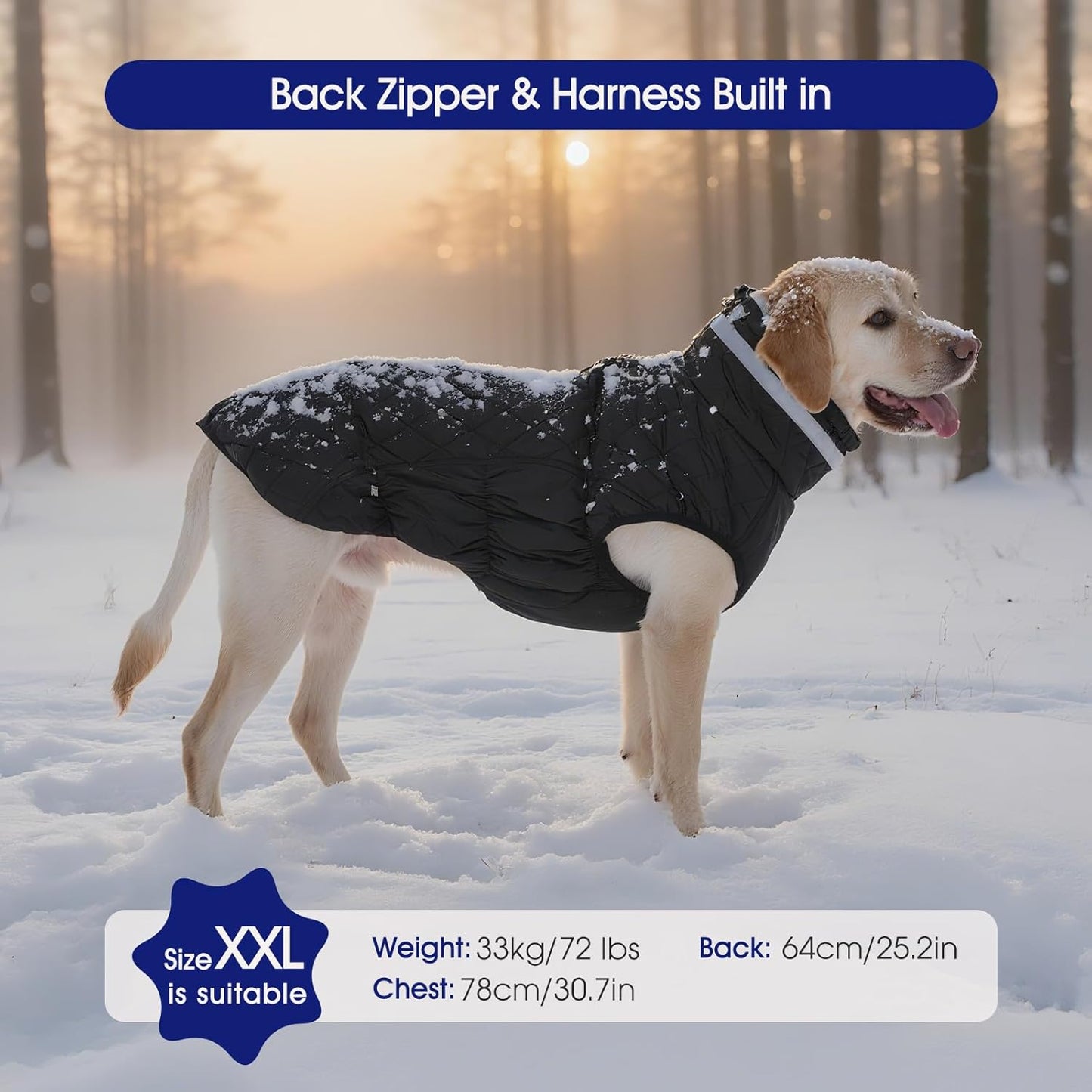 FUAMEY Dog Coat for Large Dogs,Waterproof Dog Winter Jacket with Harness Built in Puppy Cold Weather Coats Reflective Pet Vest with Zipper Warm Fleece Dogs Snowsuit Windproof Solid Black XL