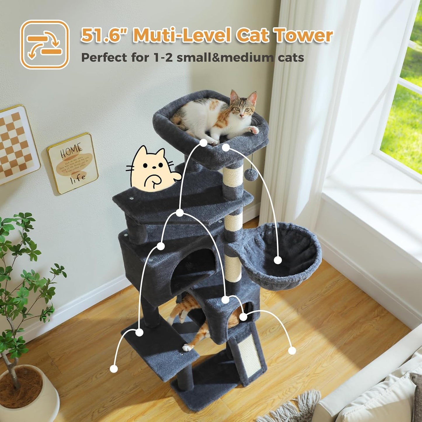 PAWZ Road Cat Tree, 51.6 Inches Cat Tower with Dual Condos, Spacious Perch, Cozy Basket and Sisal-Covered Scratching Posts for Indoor Cats- Dark Gray