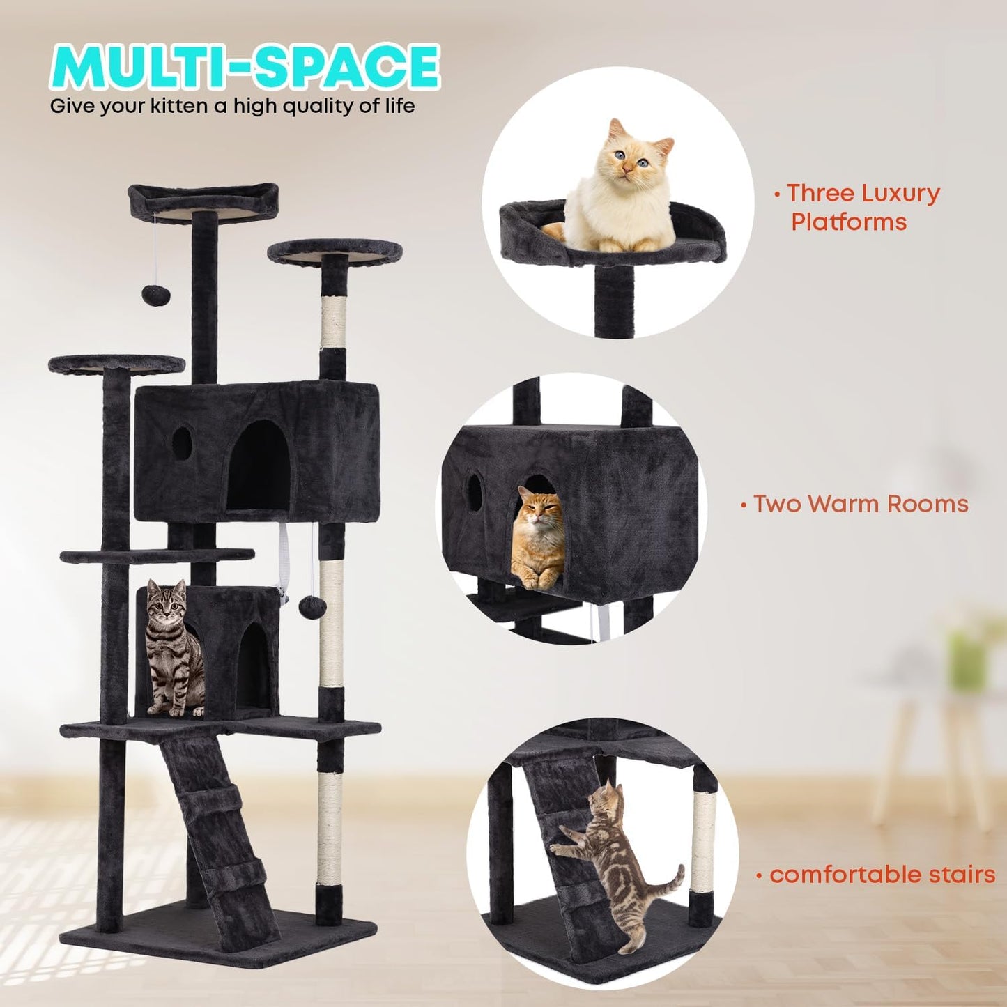 FDW Cat Tree 70in Cat Tower Multi-Level Durable Cat Scratching Post & Cozy Fun Cat Jumping Platform Space Saving Cat Condo Pet Play House for Indoor Cats,Dark Gray