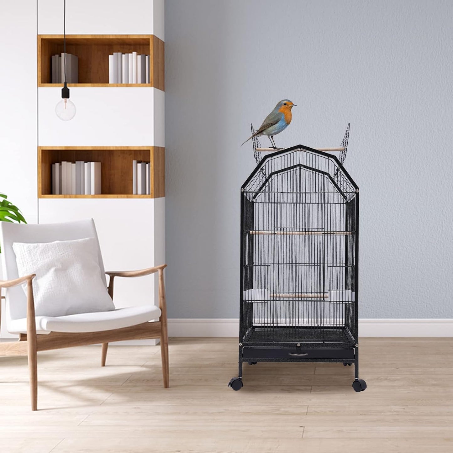 40-Inch Wrought Iron Bird Cage with Open-Top and Rolling Stand, Movable Parrot Cage Pet Bird Flight Cage, 360 Degree View Spacious Interactive Roof Pet Bird House for Medium&Small Birds